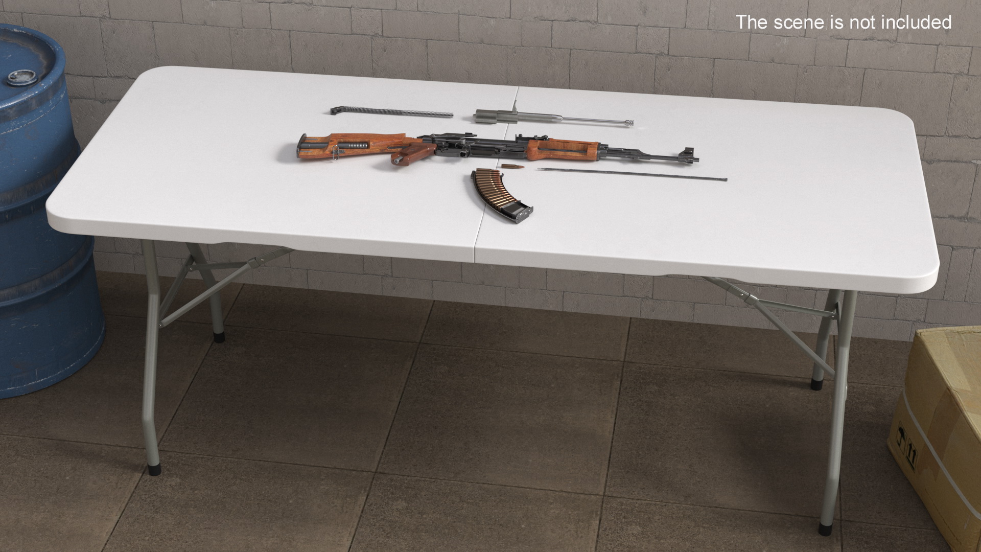 Disassembled AK-47 with a Magazine on the Table 3D