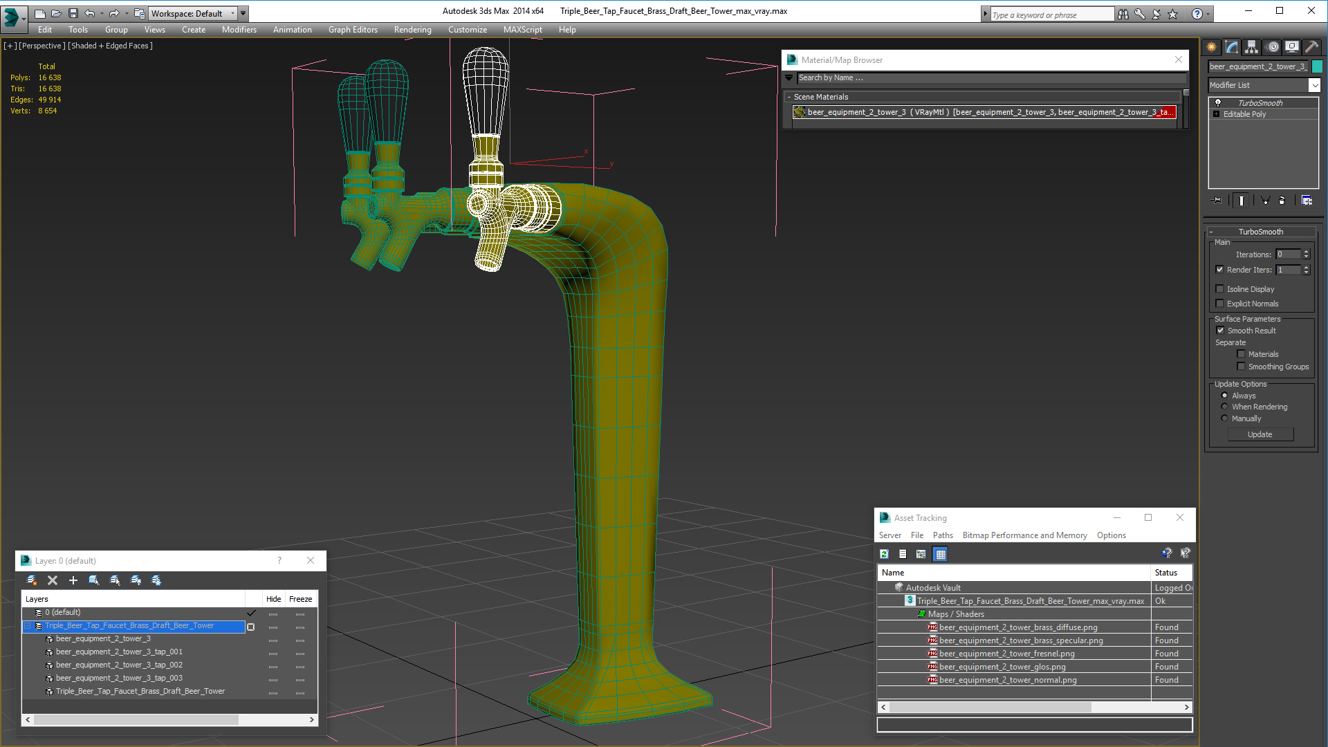 3D model Triple Beer Tap Faucet Brass Draft Beer Tower