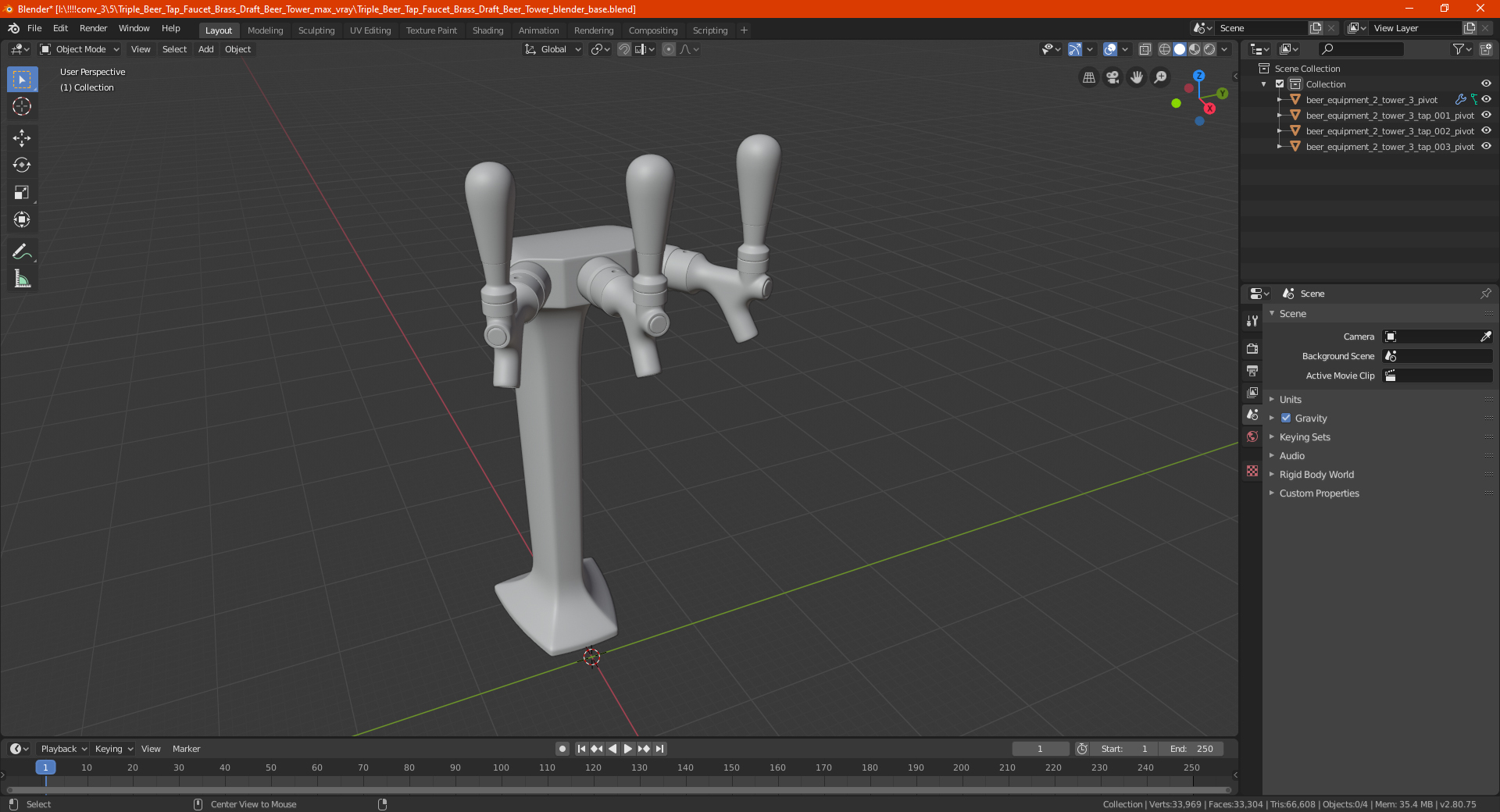 3D model Triple Beer Tap Faucet Brass Draft Beer Tower