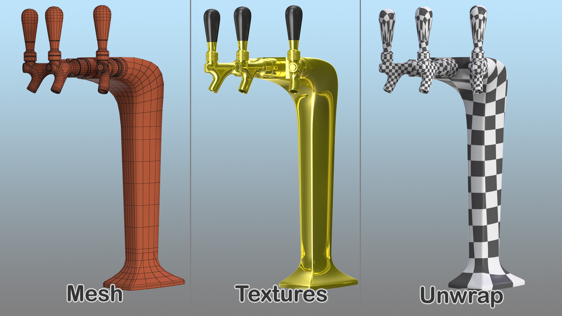 3D model Triple Beer Tap Faucet Brass Draft Beer Tower