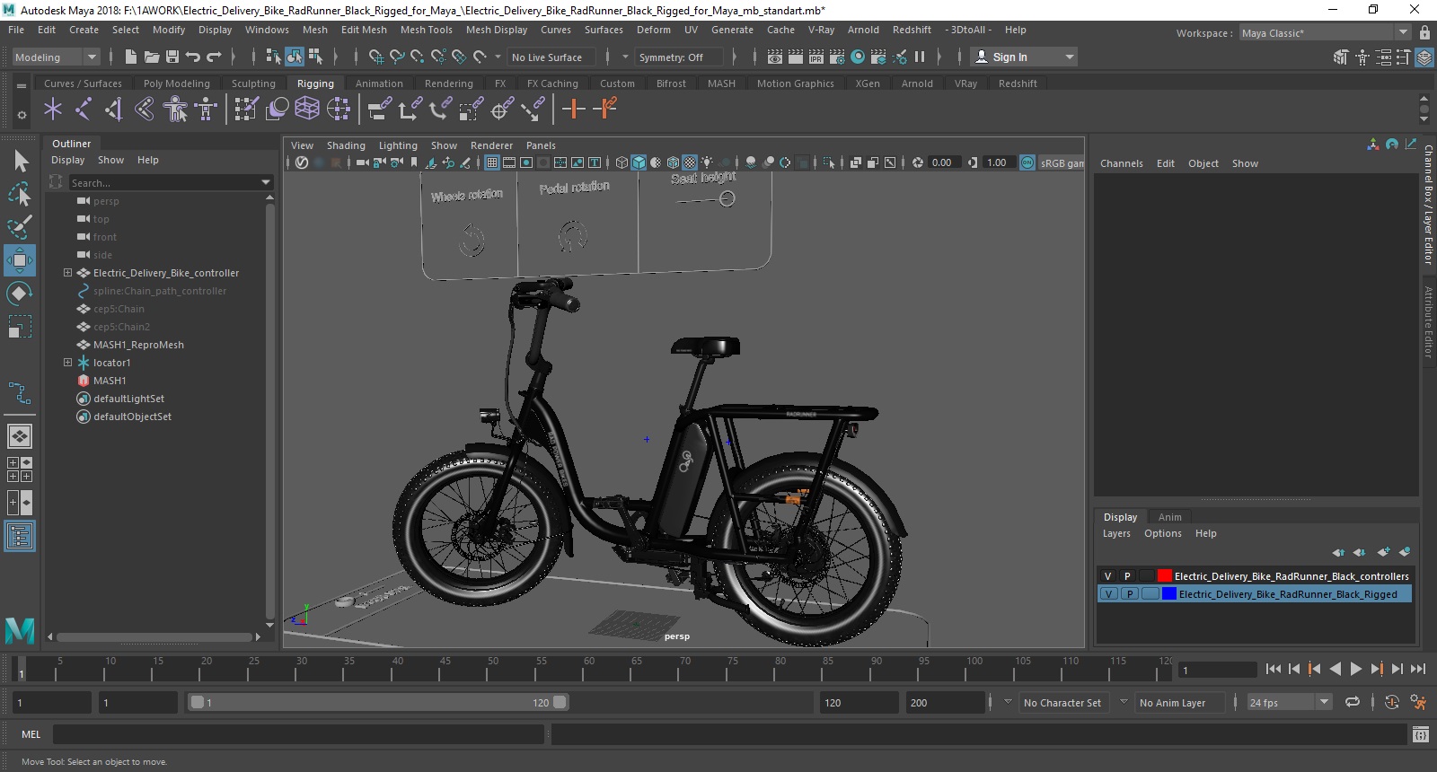 Electric Delivery Bike RadRunner Black Rigged for Maya 3D model