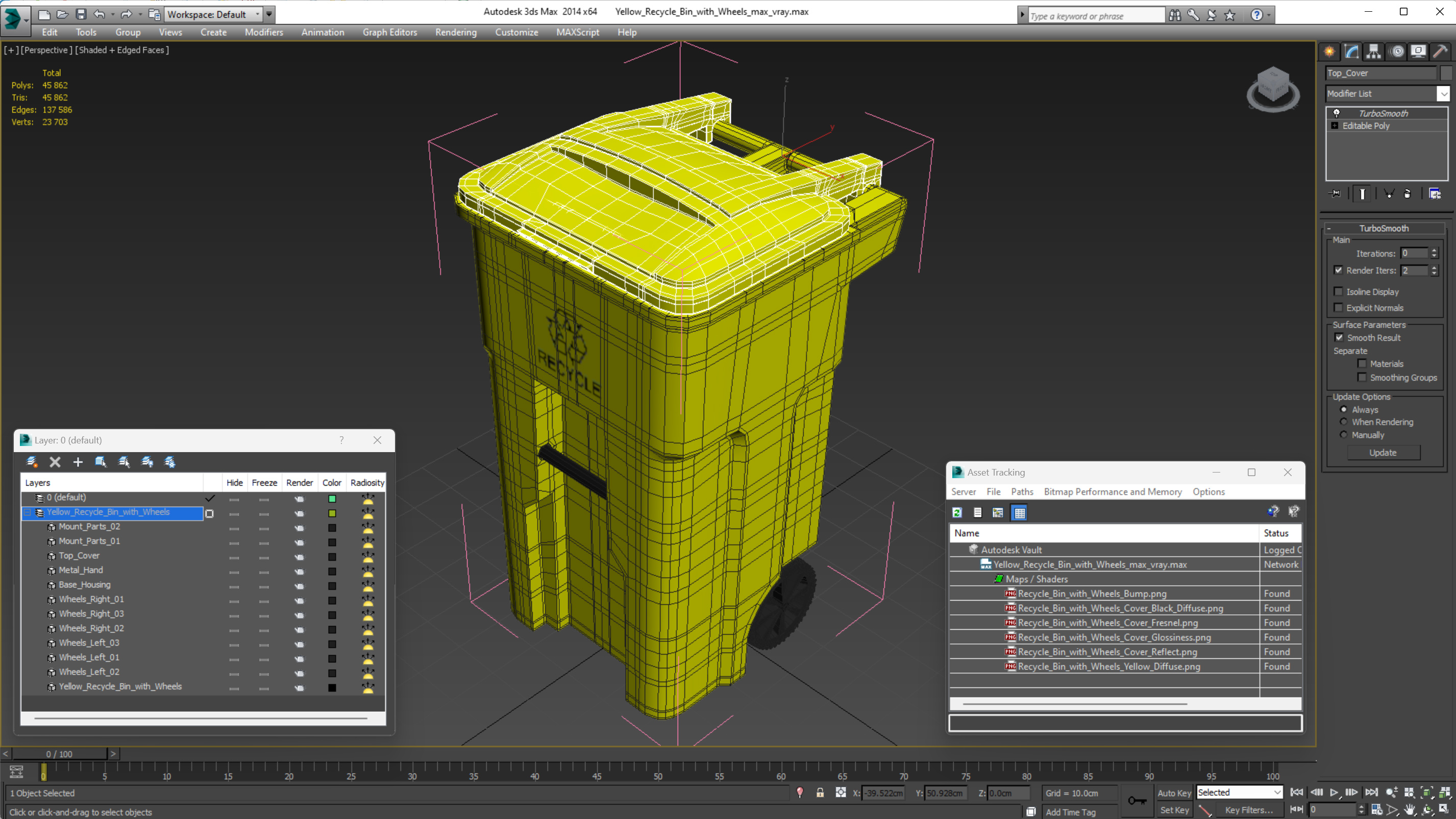 3D model Yellow Recycle Bin with Wheels