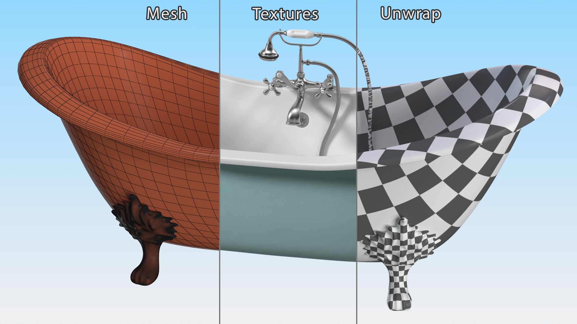 3D model Double Slipper Clawfoot Tub with Aqueduct Blue Exterior