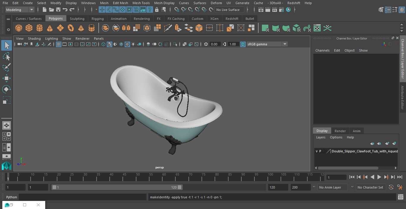 3D model Double Slipper Clawfoot Tub with Aqueduct Blue Exterior