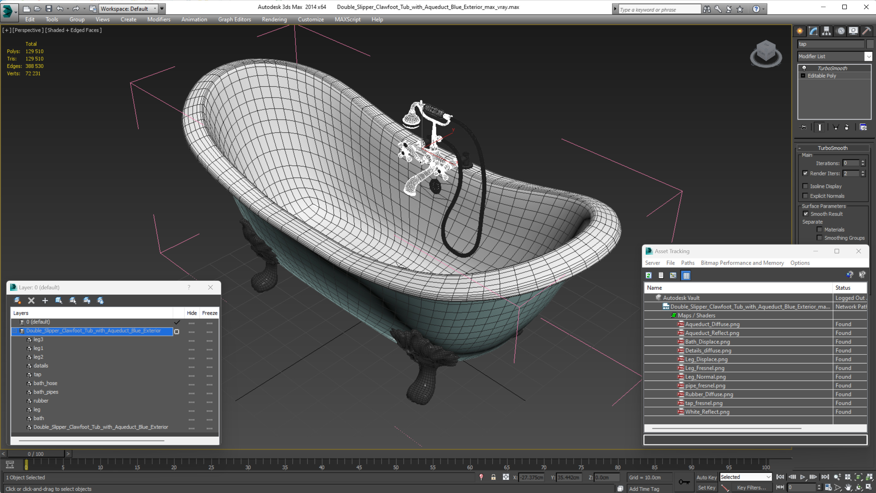 3D model Double Slipper Clawfoot Tub with Aqueduct Blue Exterior