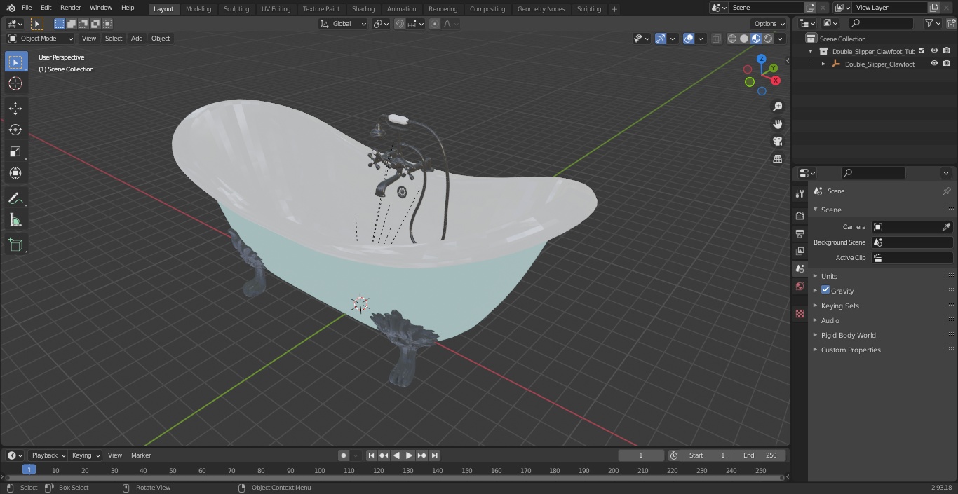 3D model Double Slipper Clawfoot Tub with Aqueduct Blue Exterior