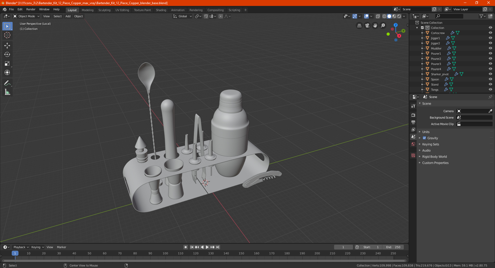 Bartender Kit 12 Piece Copper 3D model