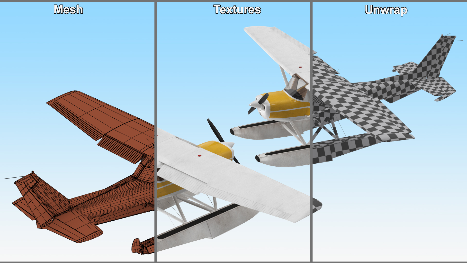 3D model Cessna 150 Seaplane on Floats Rigged for Maya