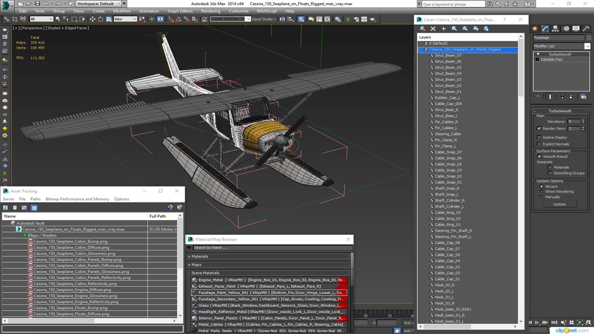 3D model Cessna 150 Seaplane on Floats Rigged for Maya