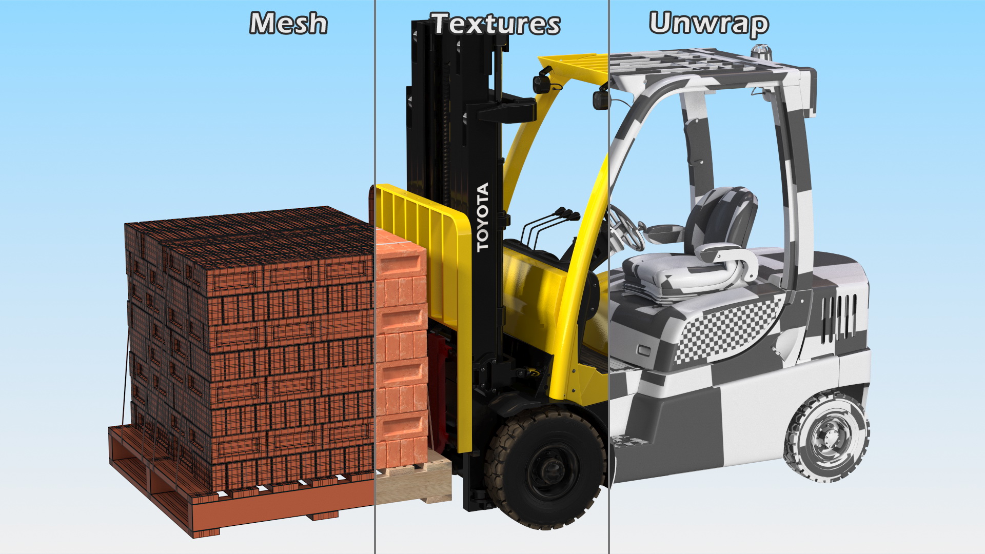 3D Forklift Toyota with Red Bricks Stacked on Wooden Pallet