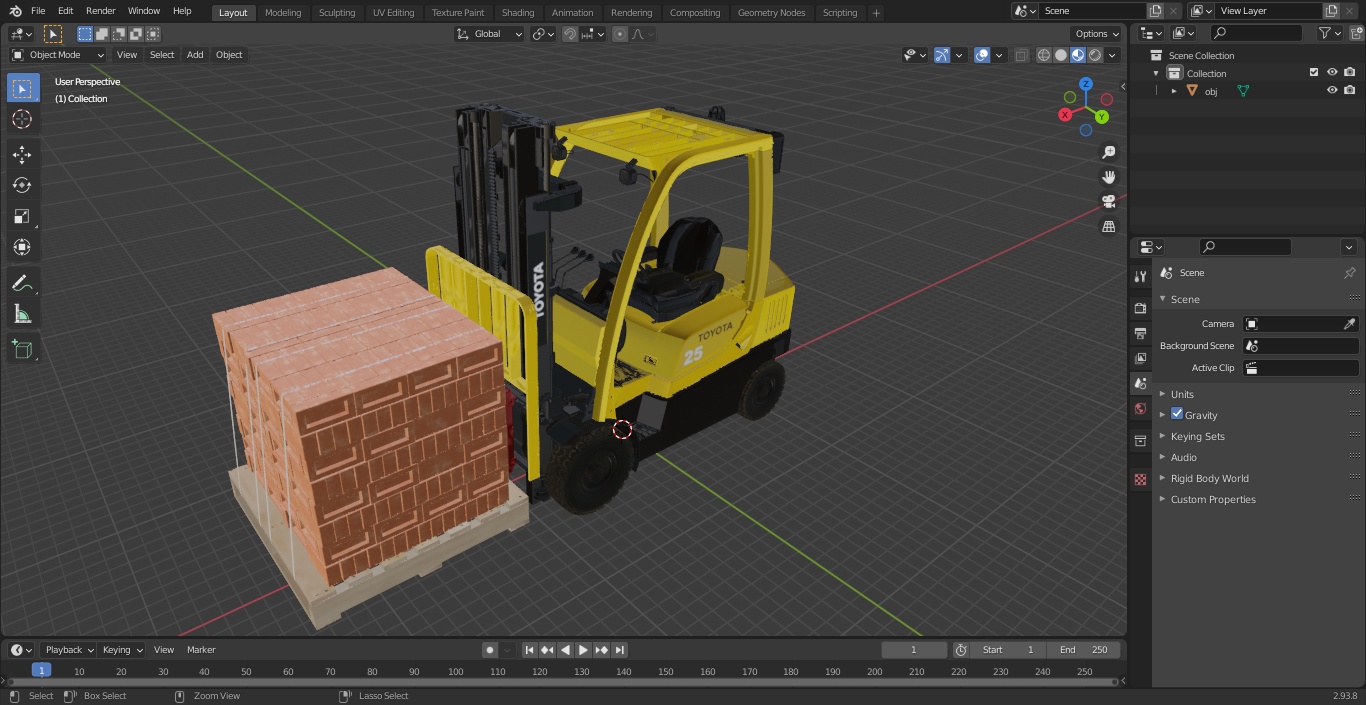 3D Forklift Toyota with Red Bricks Stacked on Wooden Pallet