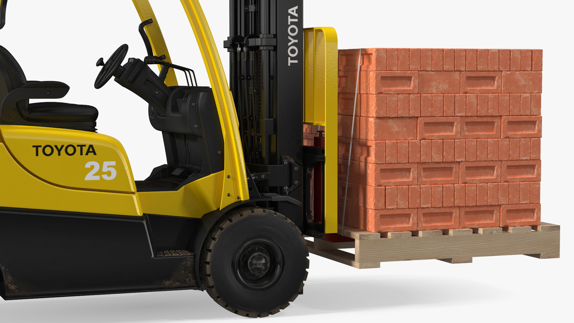 3D Forklift Toyota with Red Bricks Stacked on Wooden Pallet