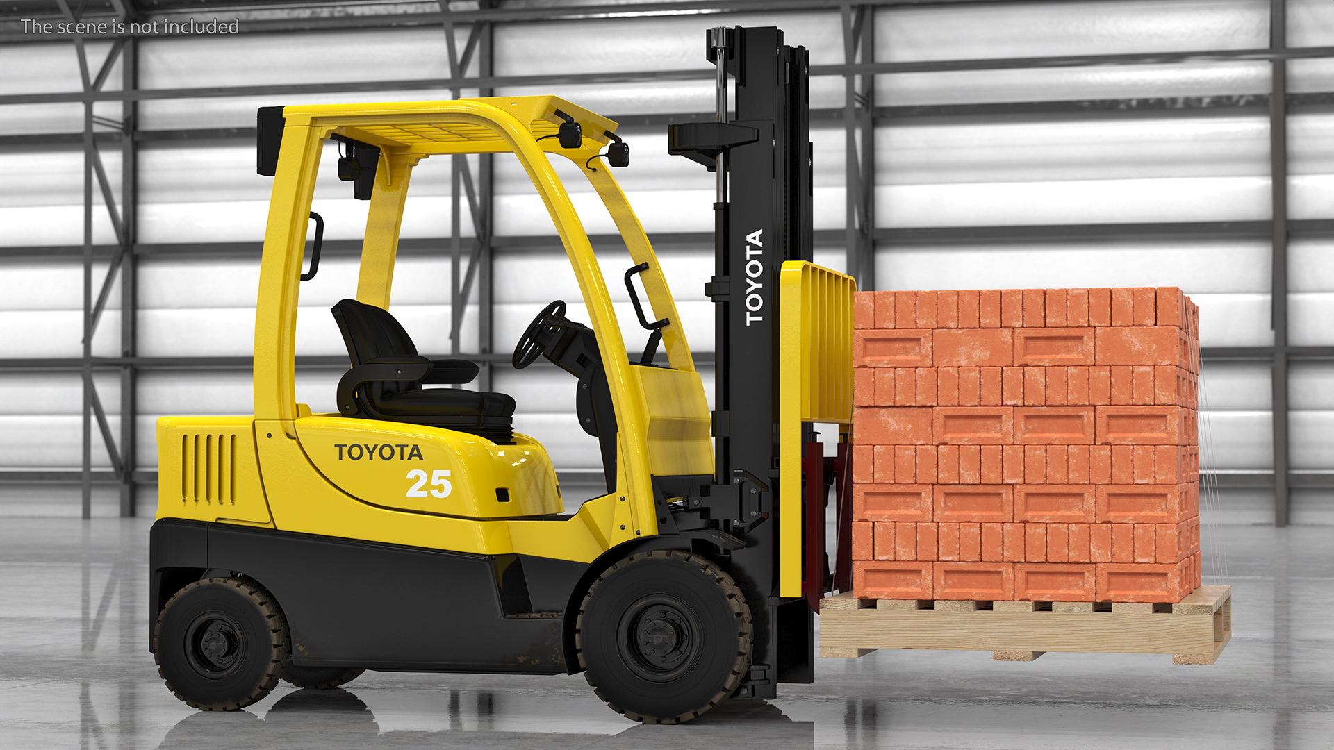 3D Forklift Toyota with Red Bricks Stacked on Wooden Pallet