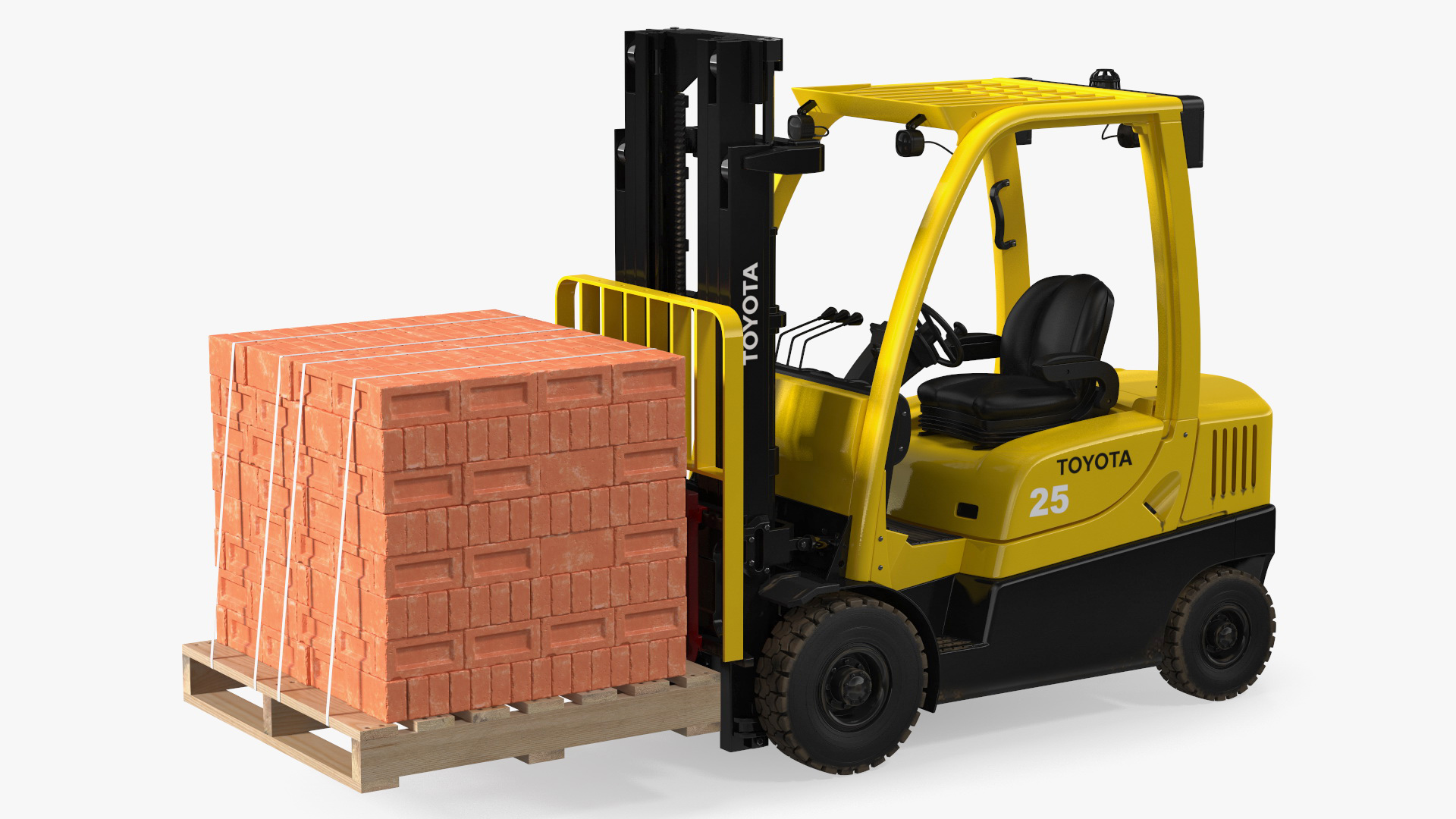 3D Forklift Toyota with Red Bricks Stacked on Wooden Pallet