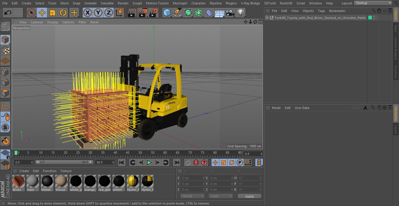 3D Forklift Toyota with Red Bricks Stacked on Wooden Pallet