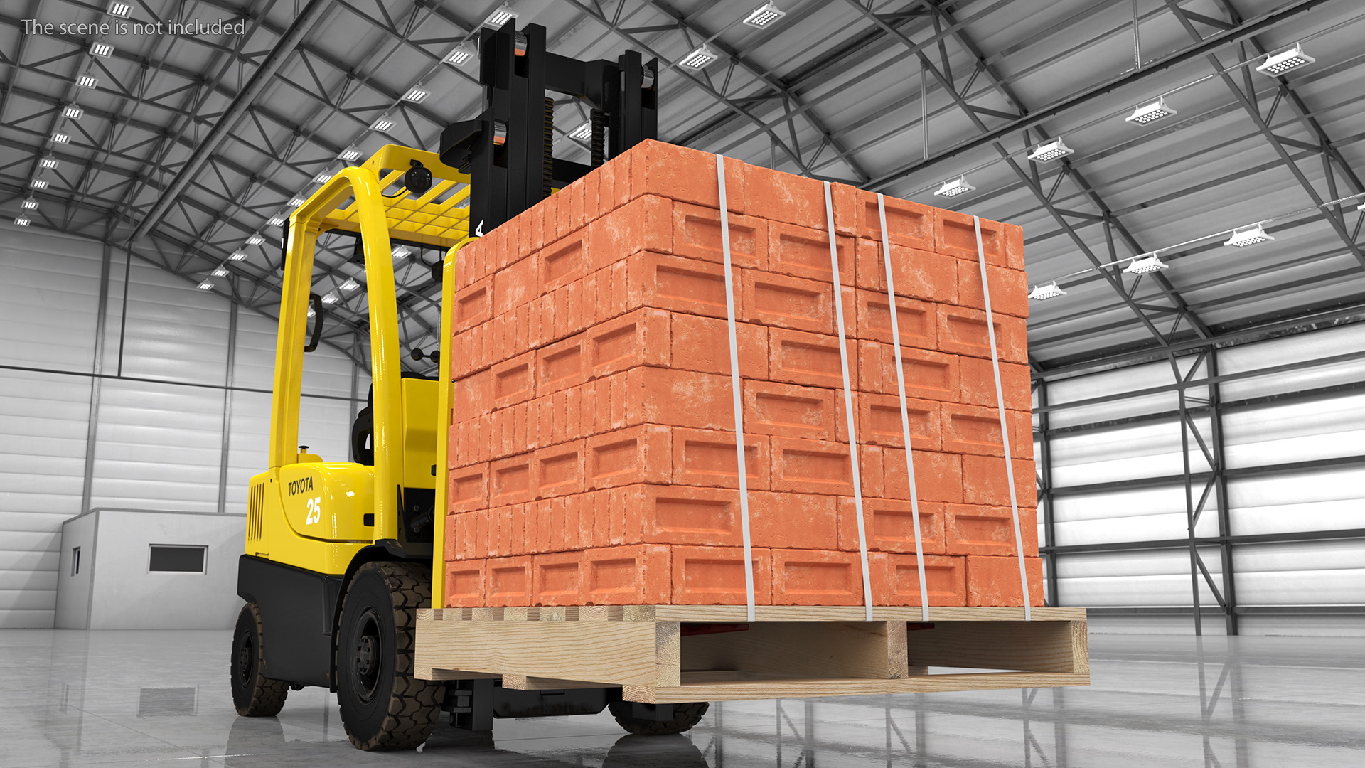 3D Forklift Toyota with Red Bricks Stacked on Wooden Pallet