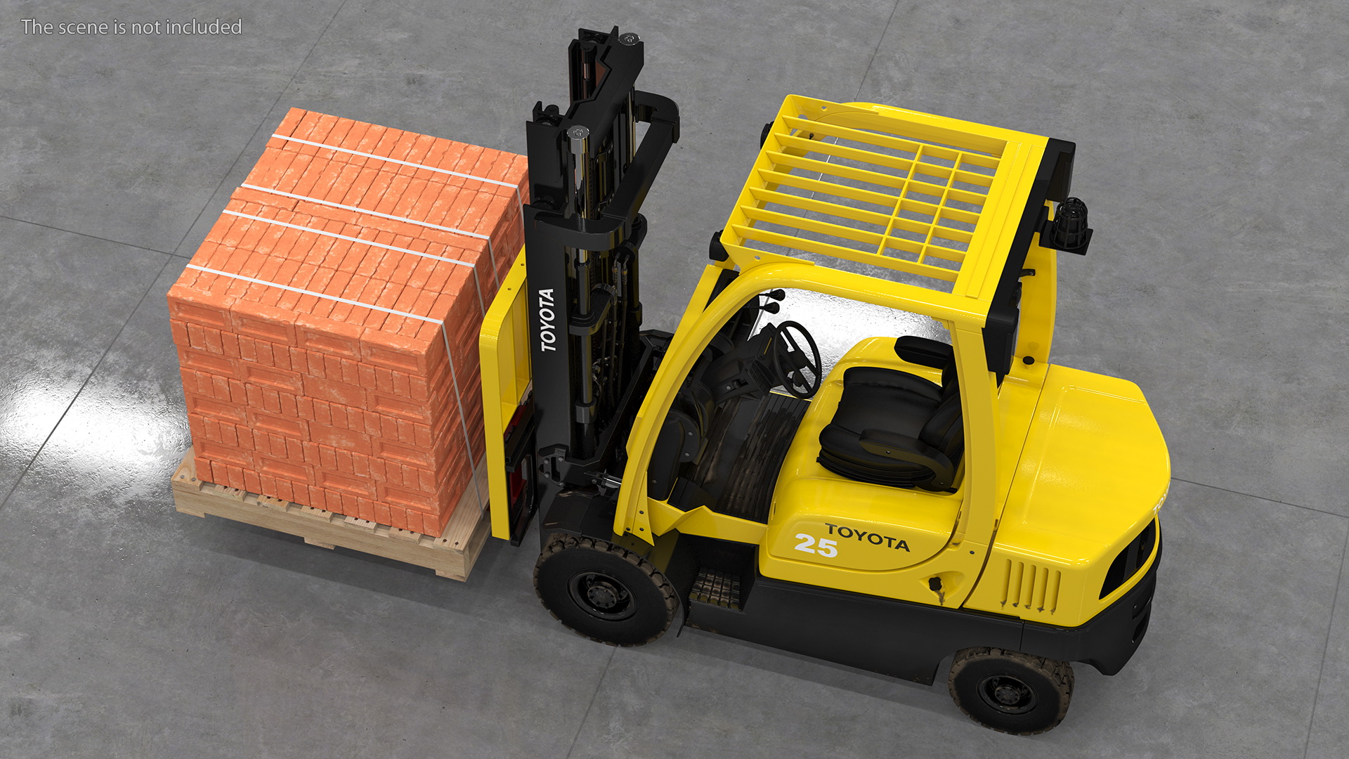 3D Forklift Toyota with Red Bricks Stacked on Wooden Pallet