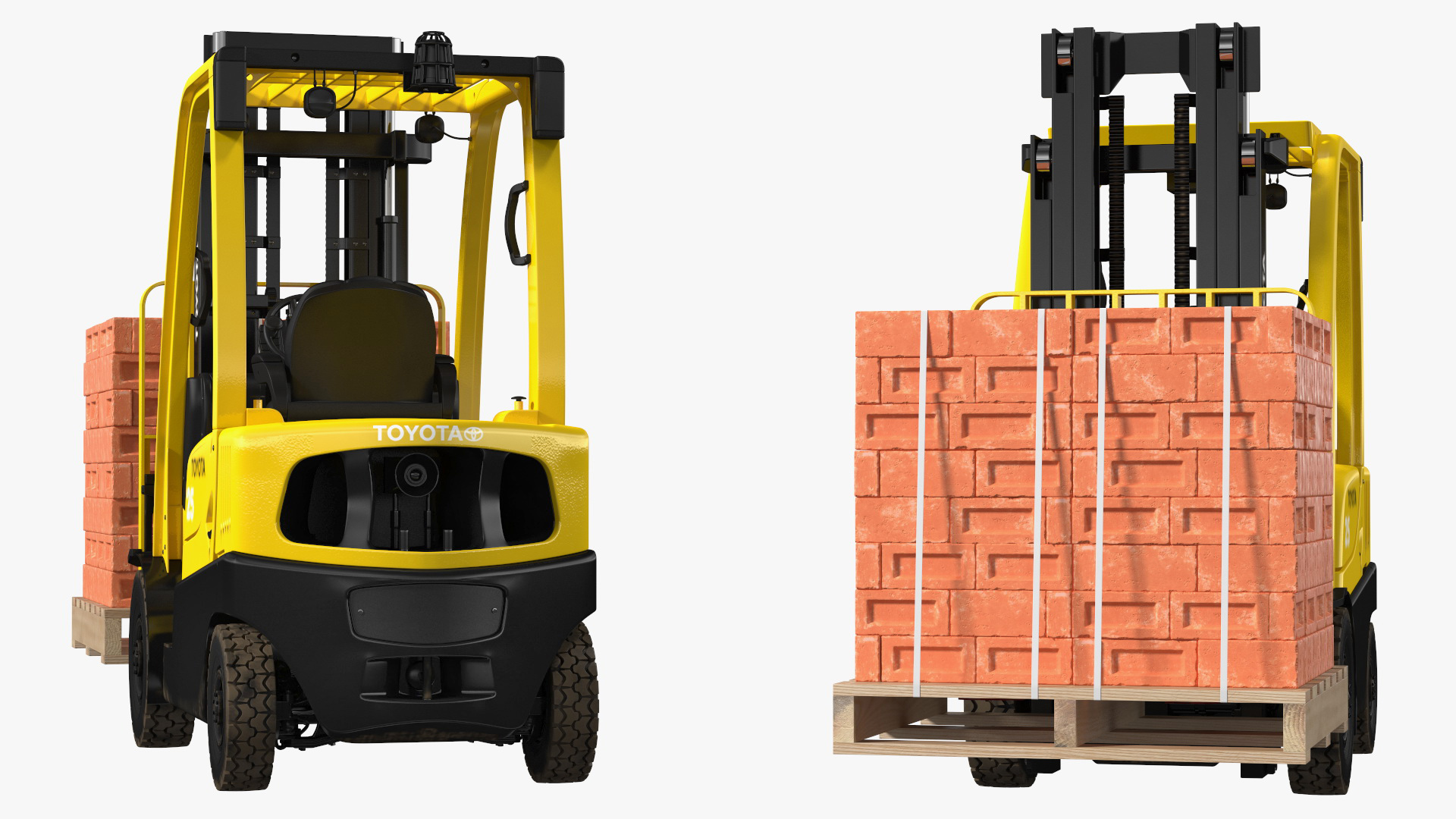 3D Forklift Toyota with Red Bricks Stacked on Wooden Pallet