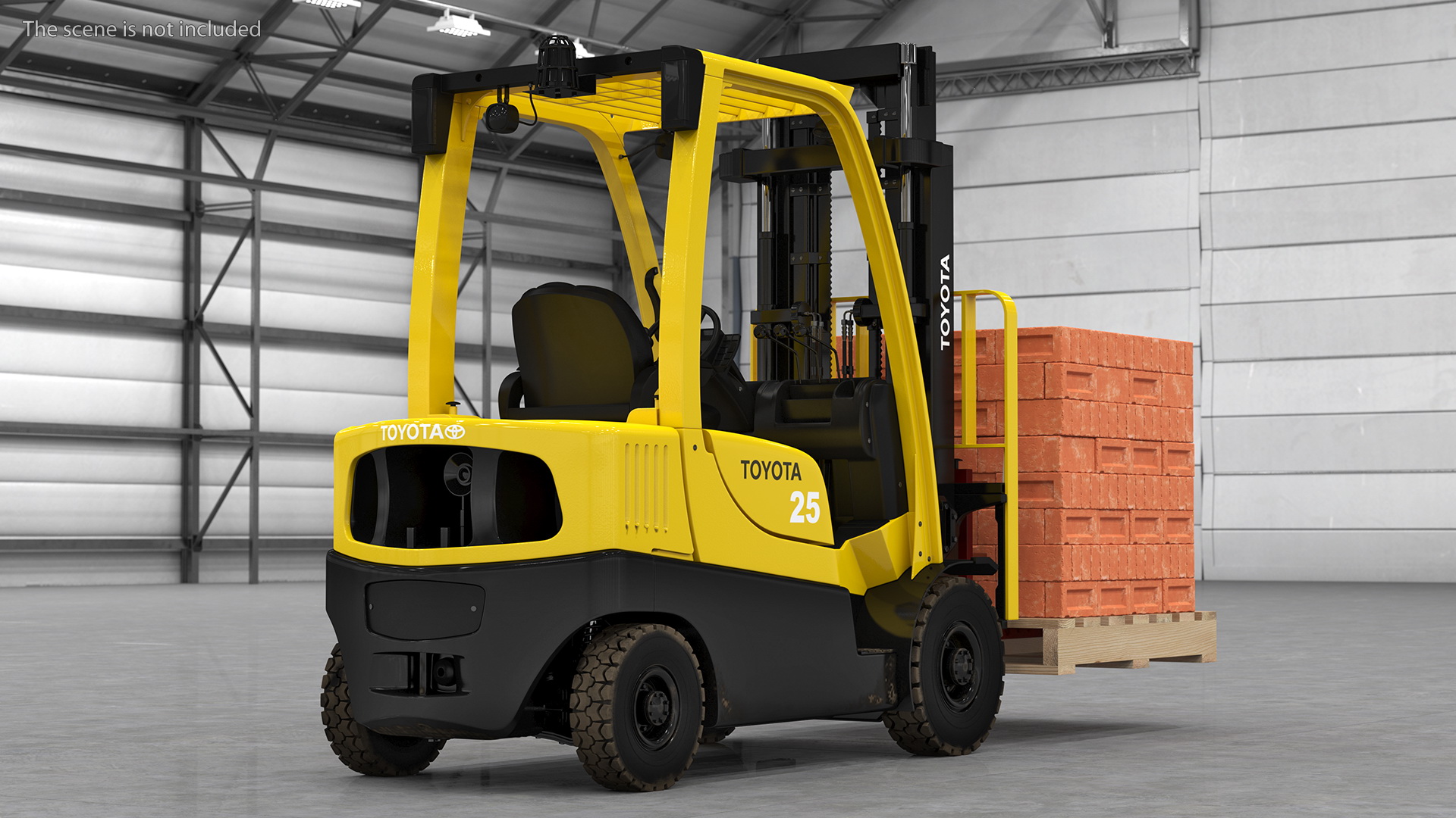 3D Forklift Toyota with Red Bricks Stacked on Wooden Pallet