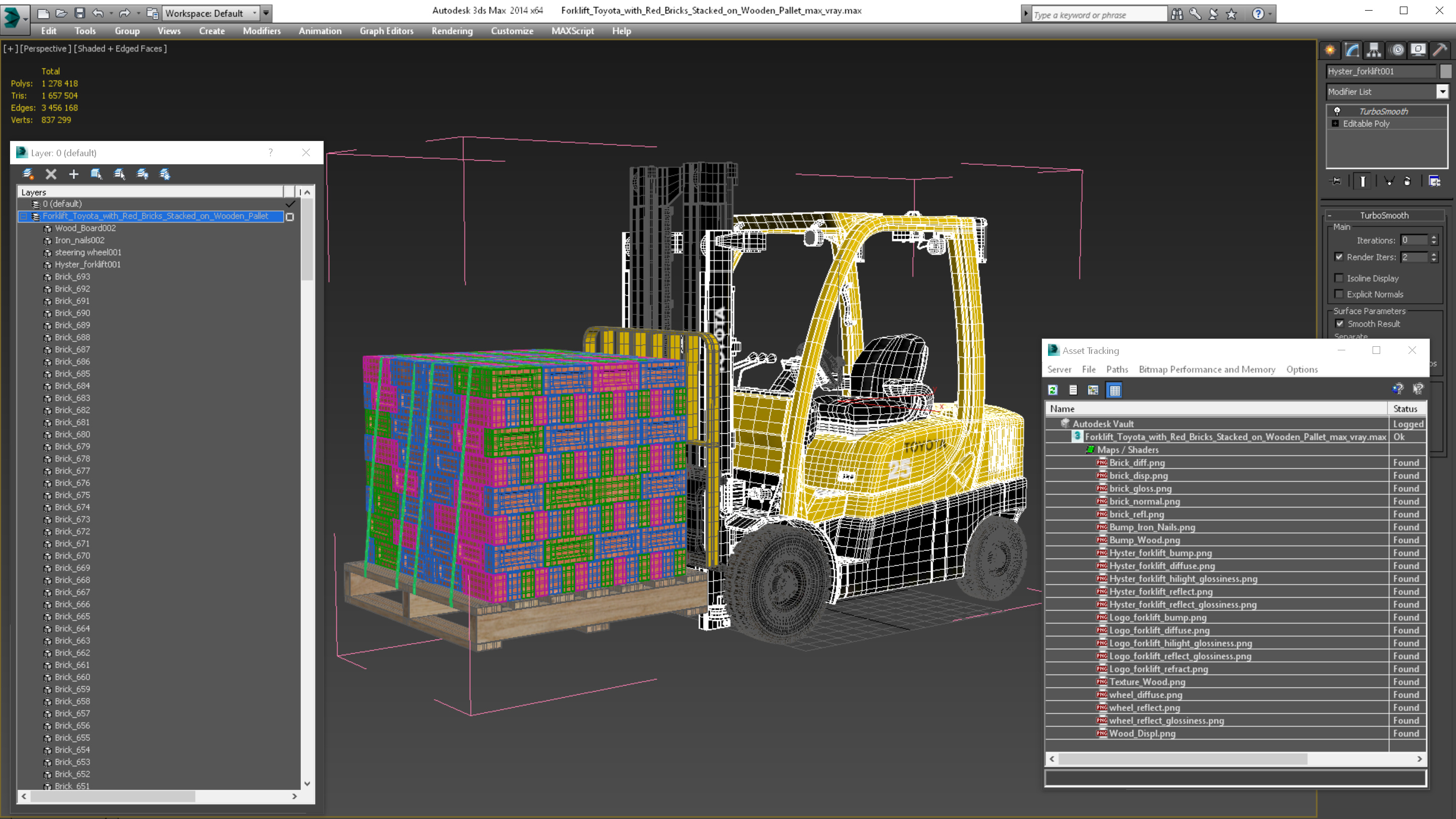 3D Forklift Toyota with Red Bricks Stacked on Wooden Pallet