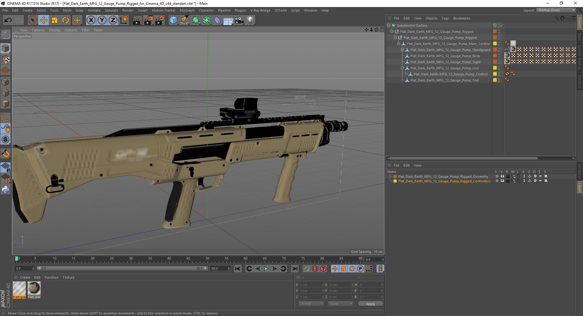 Flat Dark Earth MFG 12 Gauge Pump Rigged for Cinema 4D 3D model