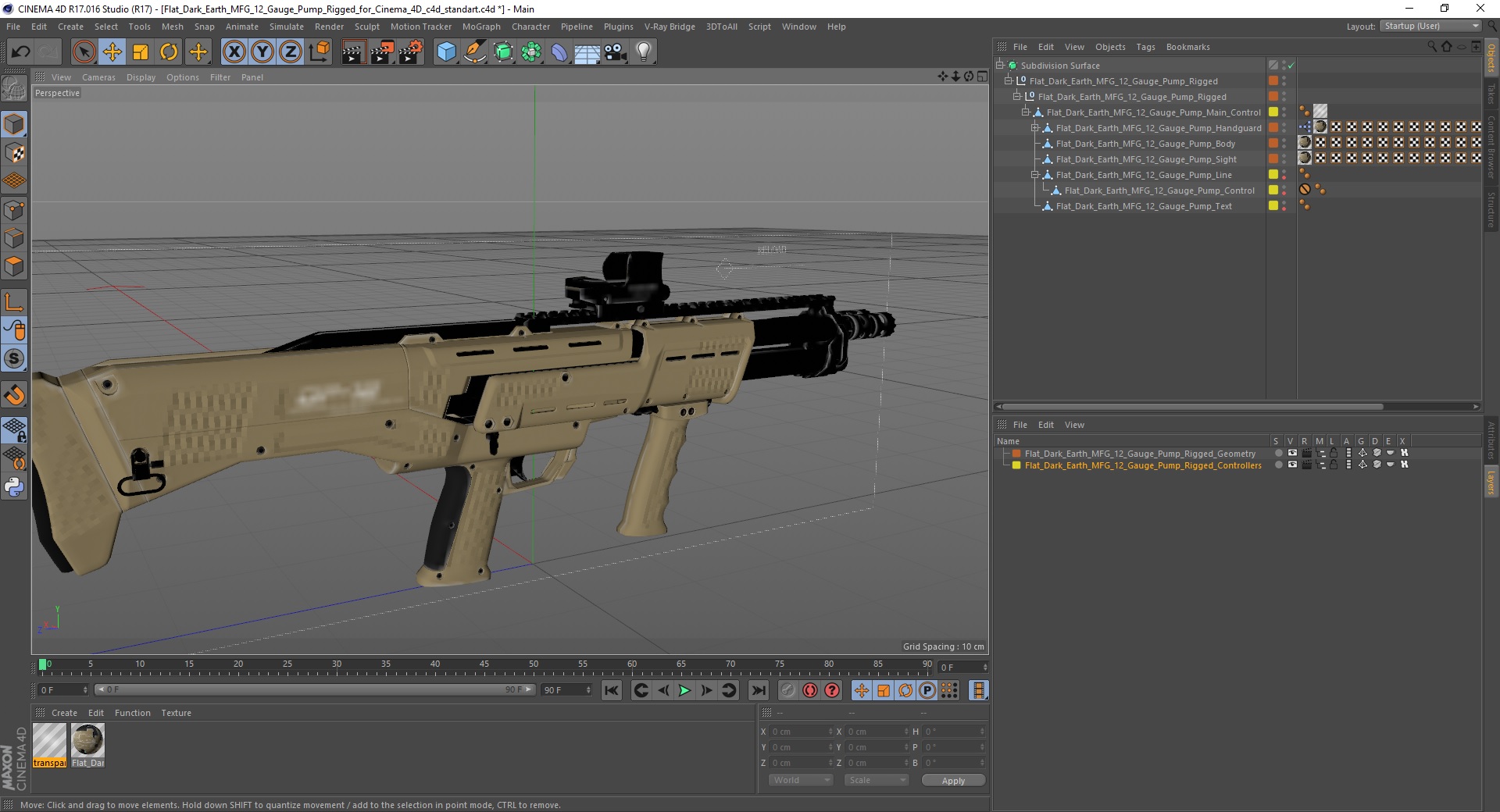 Flat Dark Earth MFG 12 Gauge Pump Rigged for Cinema 4D 3D model