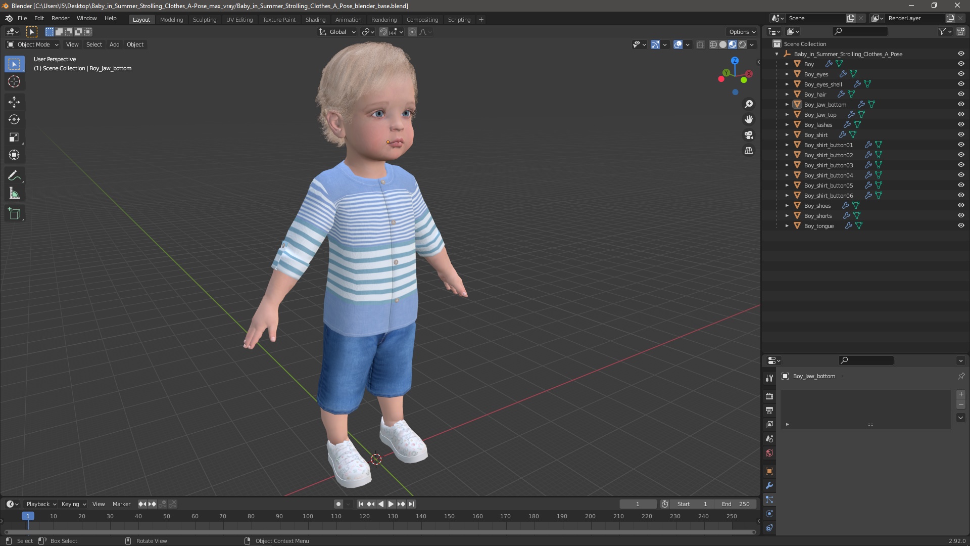 Baby in Summer Strolling Clothes A-Pose 3D model