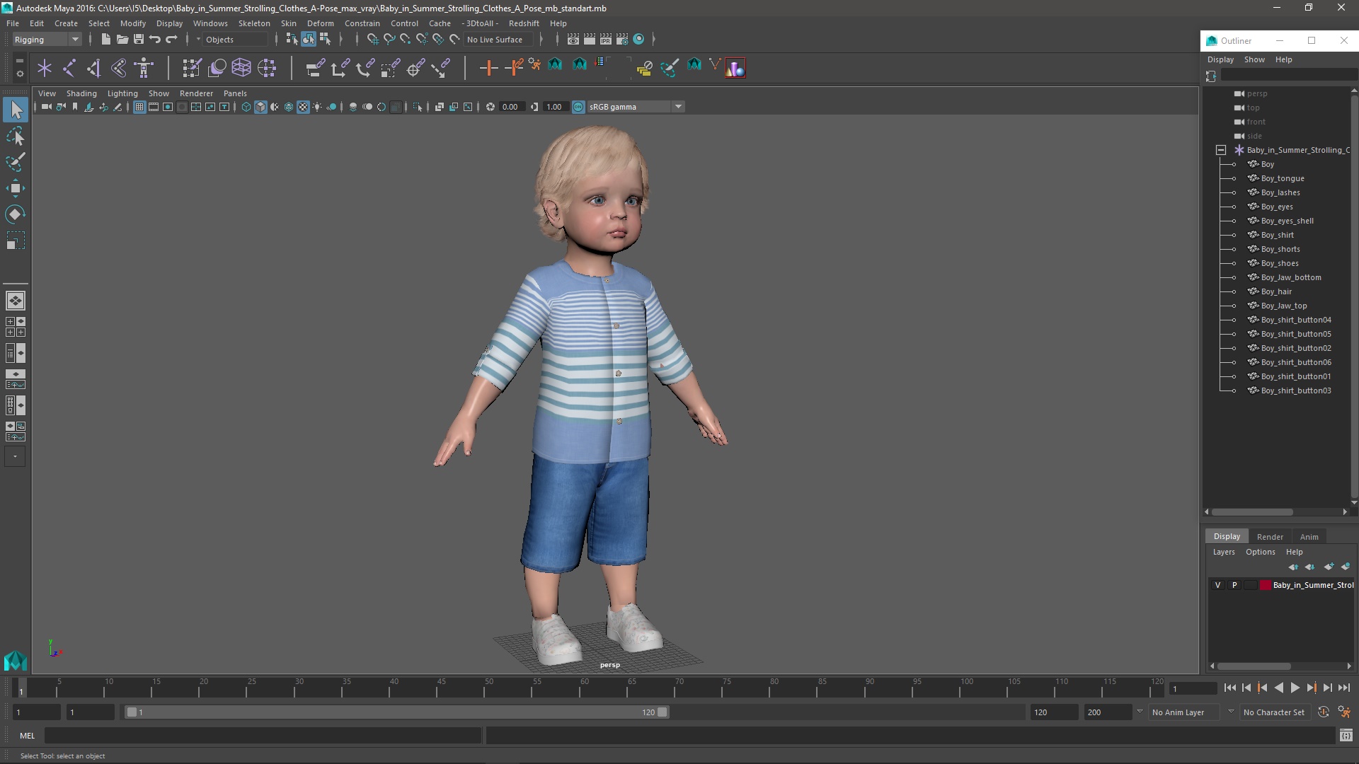 Baby in Summer Strolling Clothes A-Pose 3D model