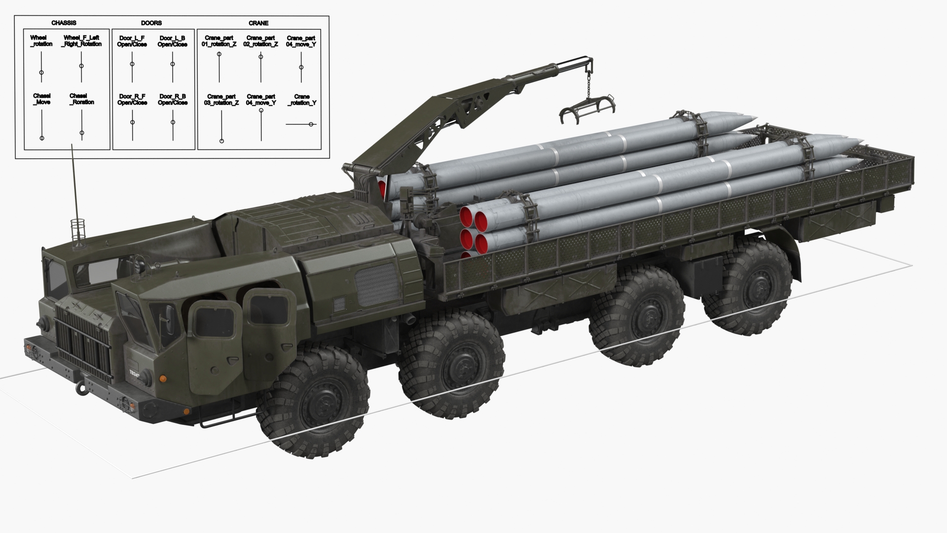3D TZM 9T234 2 Transloader with Crane and Rockets Rigged model