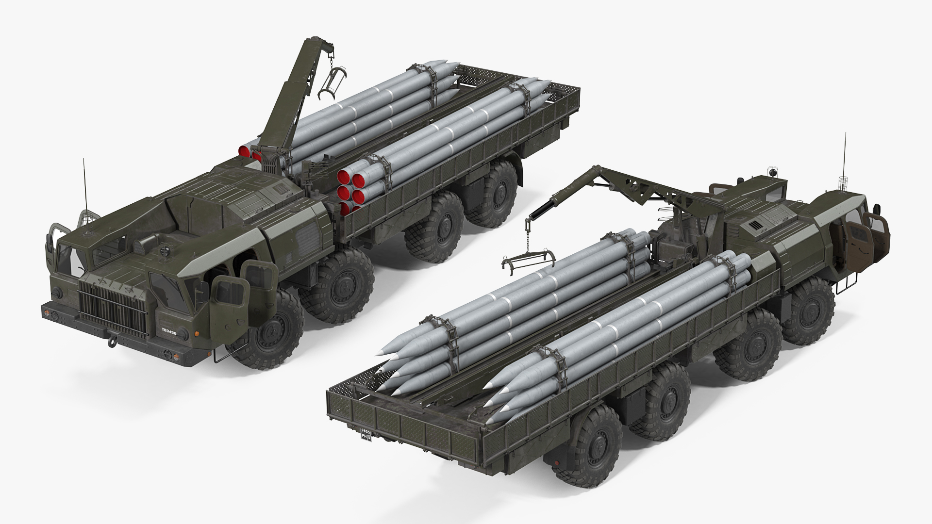 3D TZM 9T234 2 Transloader with Crane and Rockets Rigged model