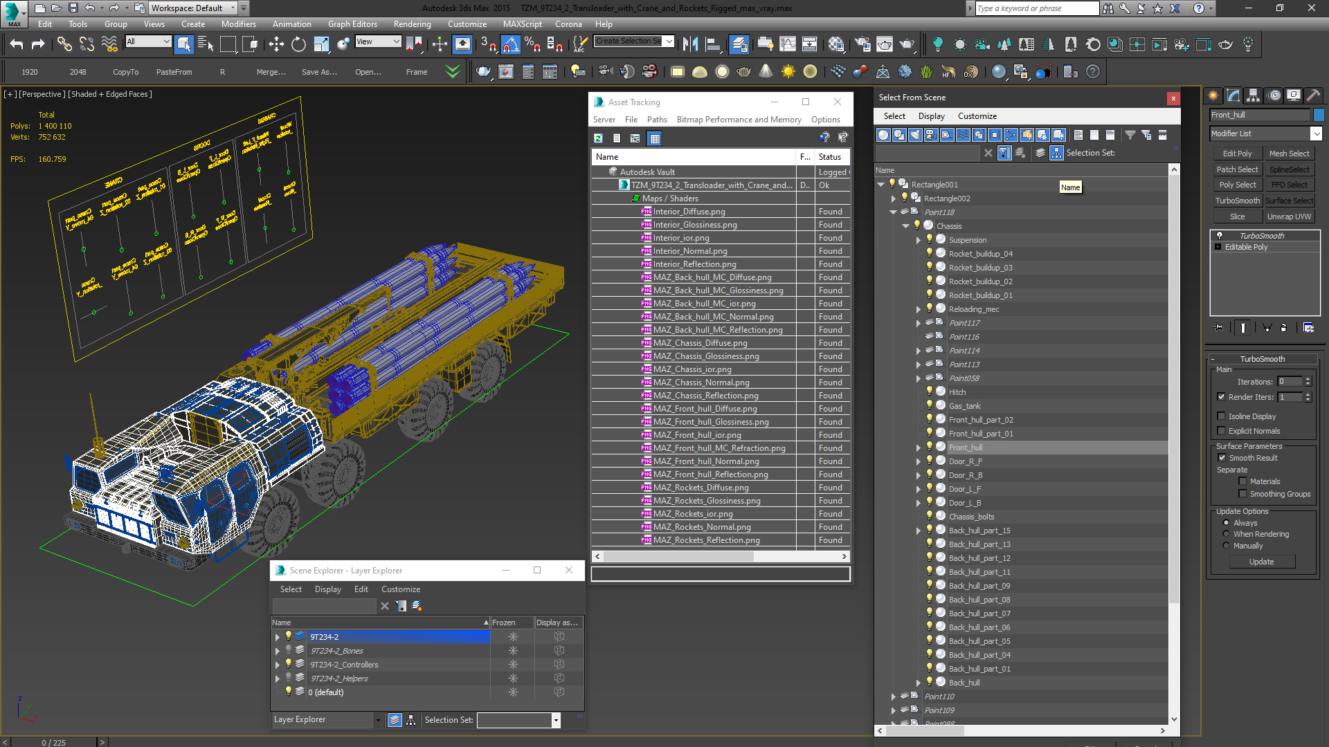3D TZM 9T234 2 Transloader with Crane and Rockets Rigged model