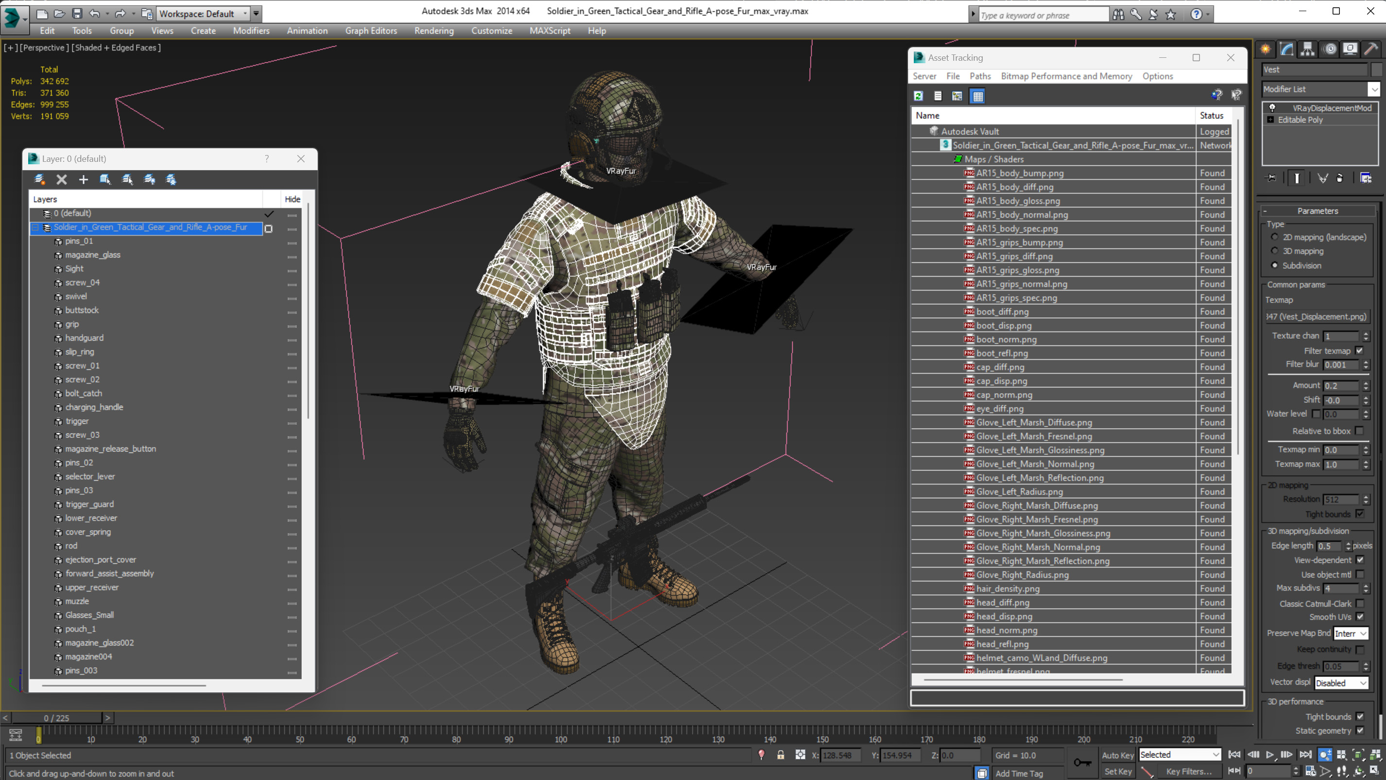3D Soldier in Green Tactical Gear and Rifle A-pose Fur