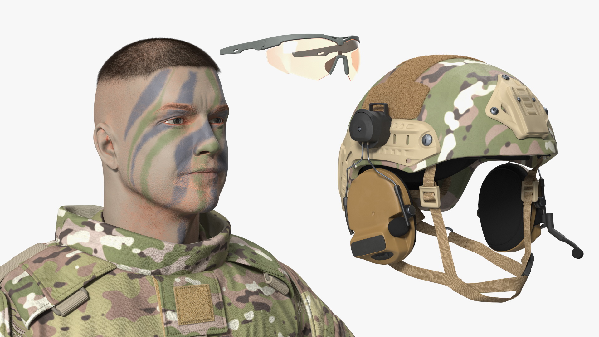 3D Soldier in Green Tactical Gear and Rifle A-pose Fur