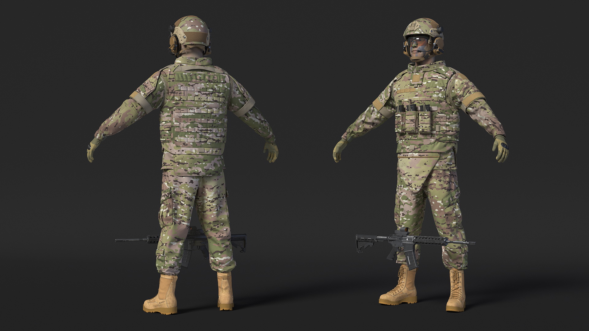 3D Soldier in Green Tactical Gear and Rifle A-pose Fur