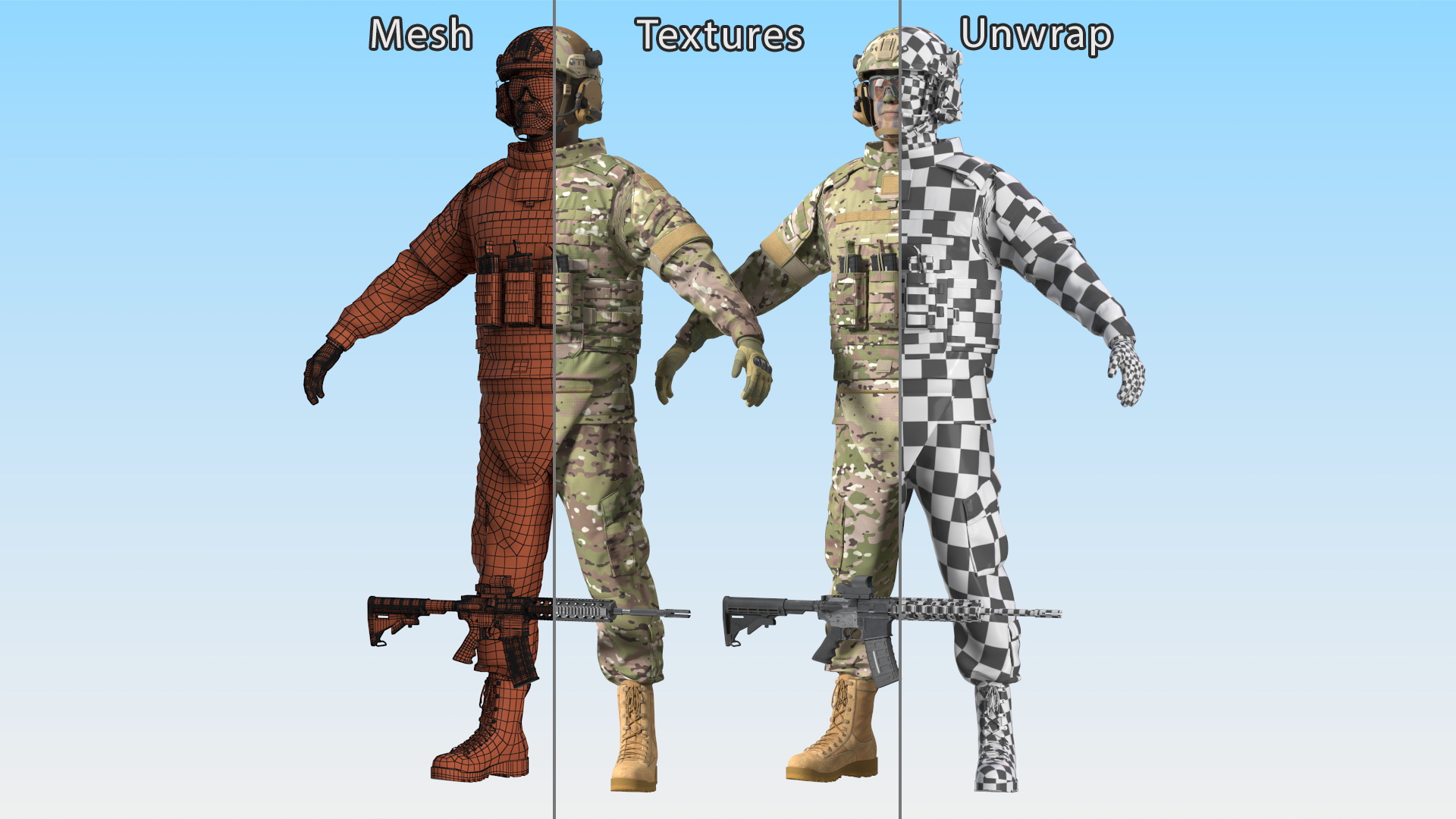 3D Soldier in Green Tactical Gear and Rifle A-pose Fur
