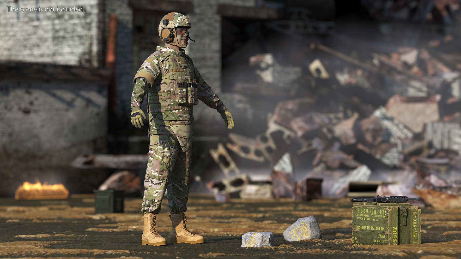 3D Soldier in Green Tactical Gear and Rifle A-pose Fur