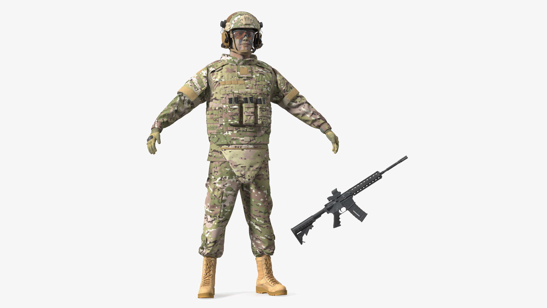 3D Soldier in Green Tactical Gear and Rifle A-pose Fur