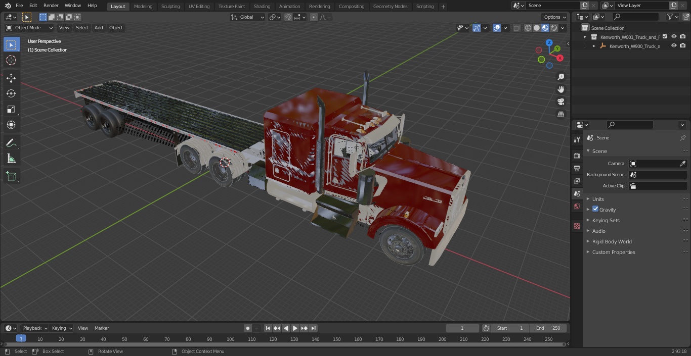 Kenworth W900 Truck and Flatbed Trailer 3D model