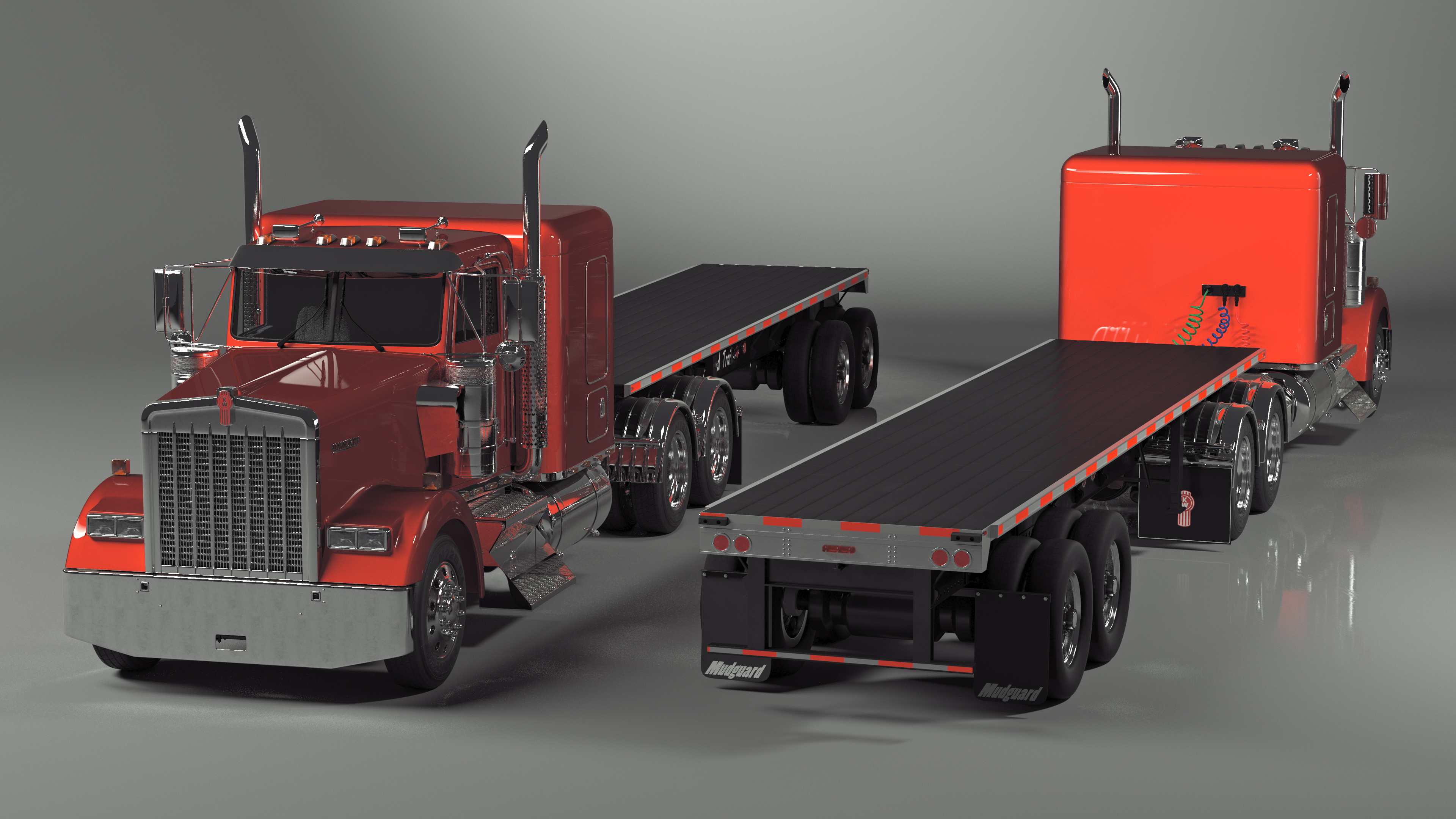 Kenworth W900 Truck and Flatbed Trailer 3D model
