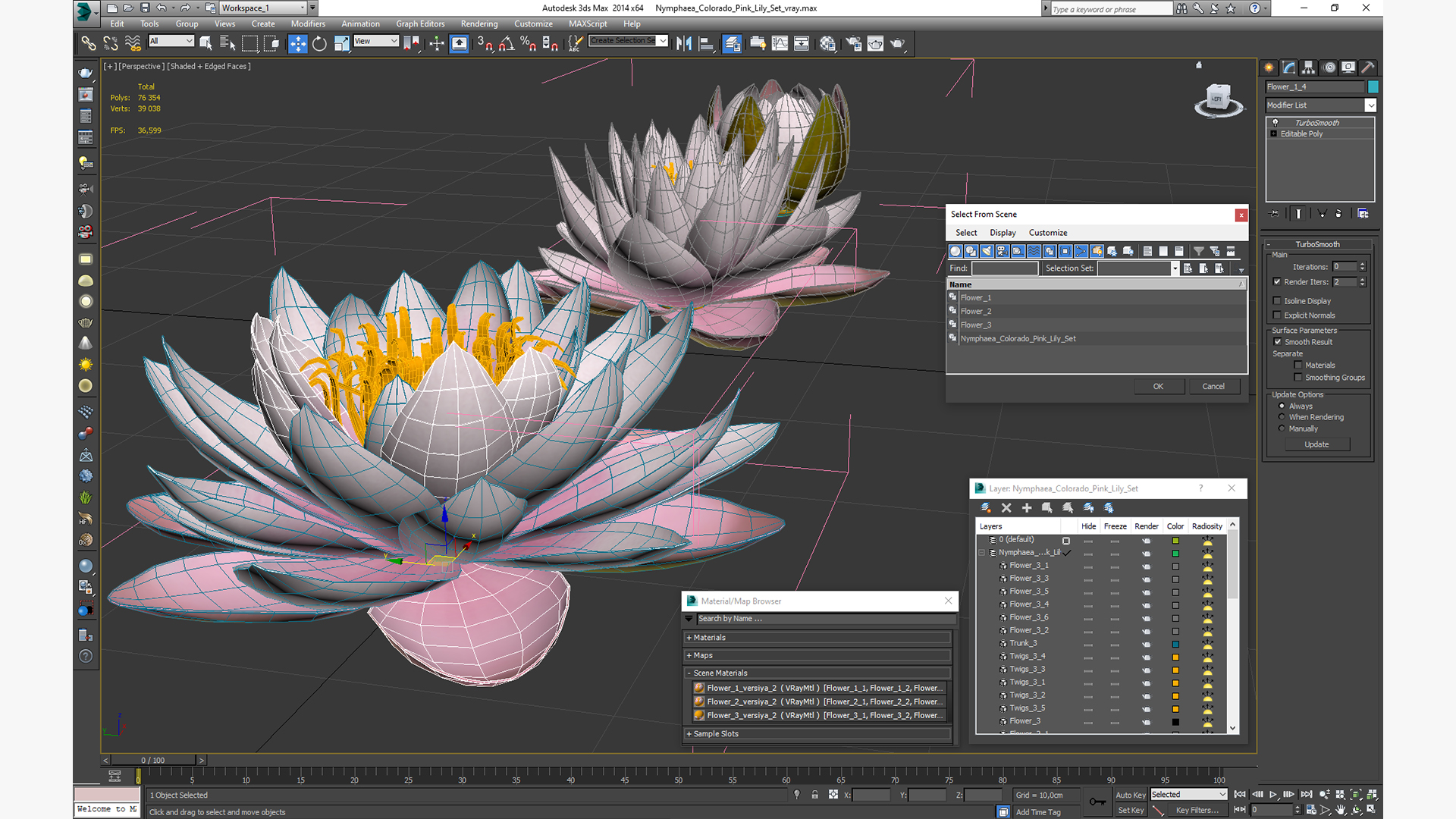3D Nymphaea Colorado Pink Lily Set