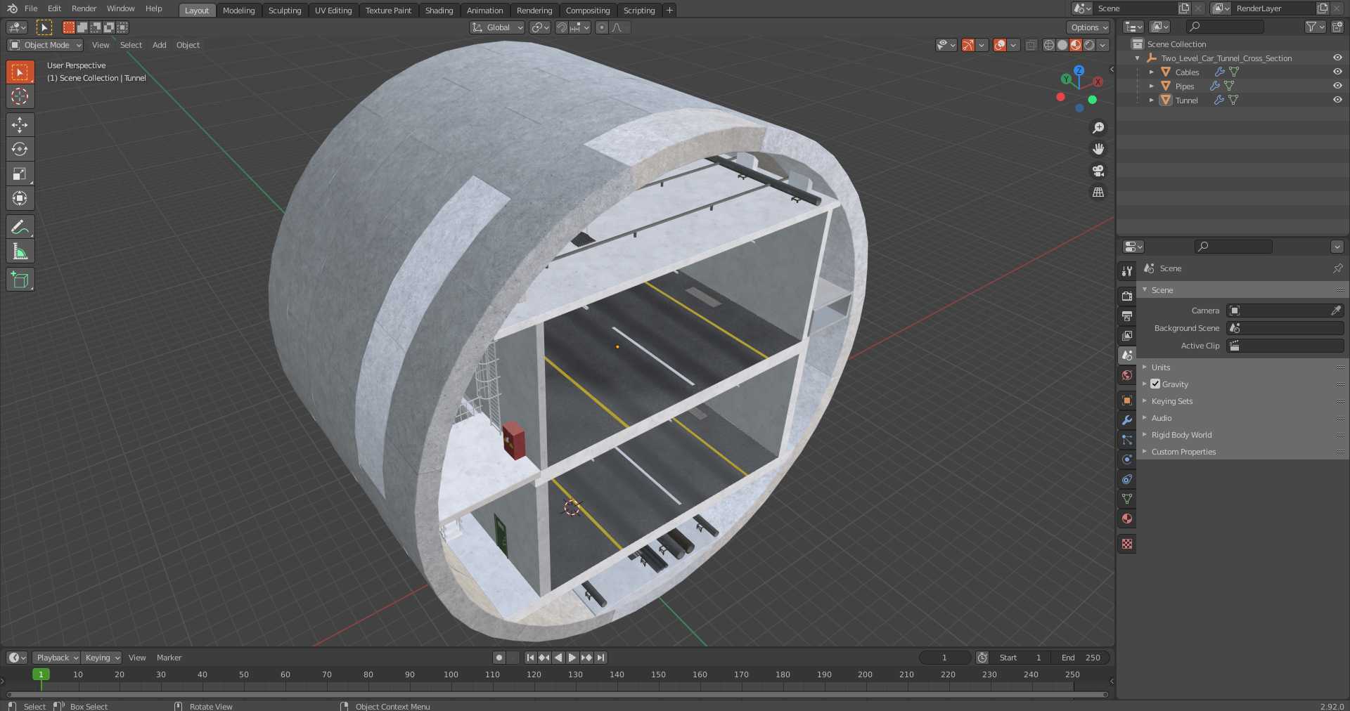 Two Level Car Tunnel Cross Section 3D model