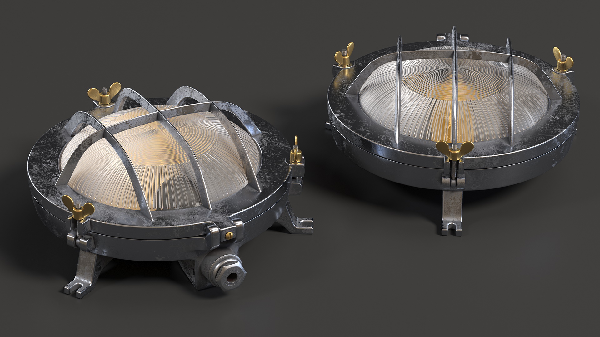 Bulkhead Light Lamp Steel with Ribbed Glass On State 3D