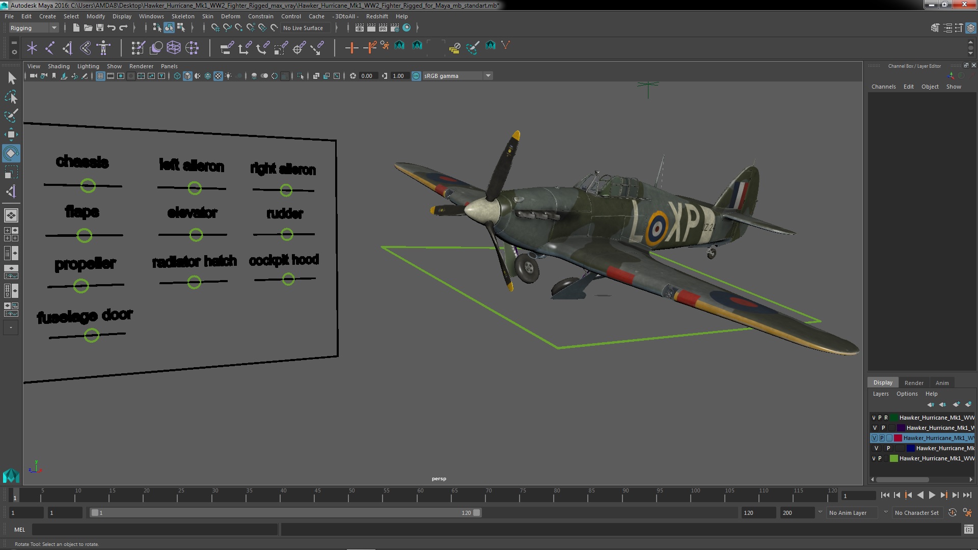 3D Hawker Hurricane Mk1 WW2 Fighter Rigged for Maya model