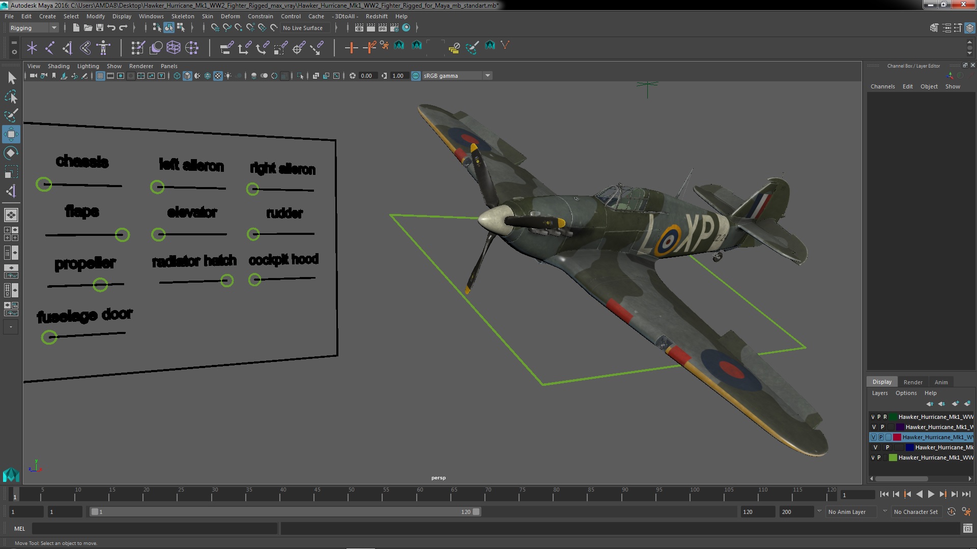 3D Hawker Hurricane Mk1 WW2 Fighter Rigged for Maya model