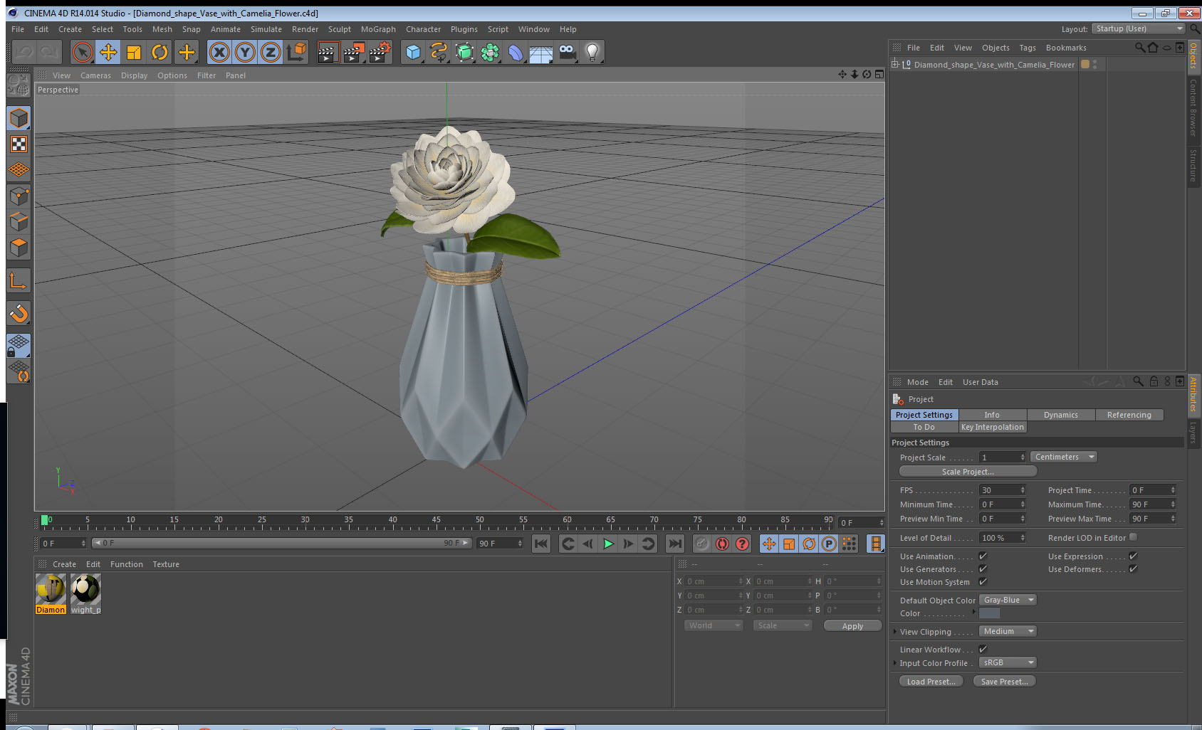 3D Diamond shape Vase with Camelia Flower model