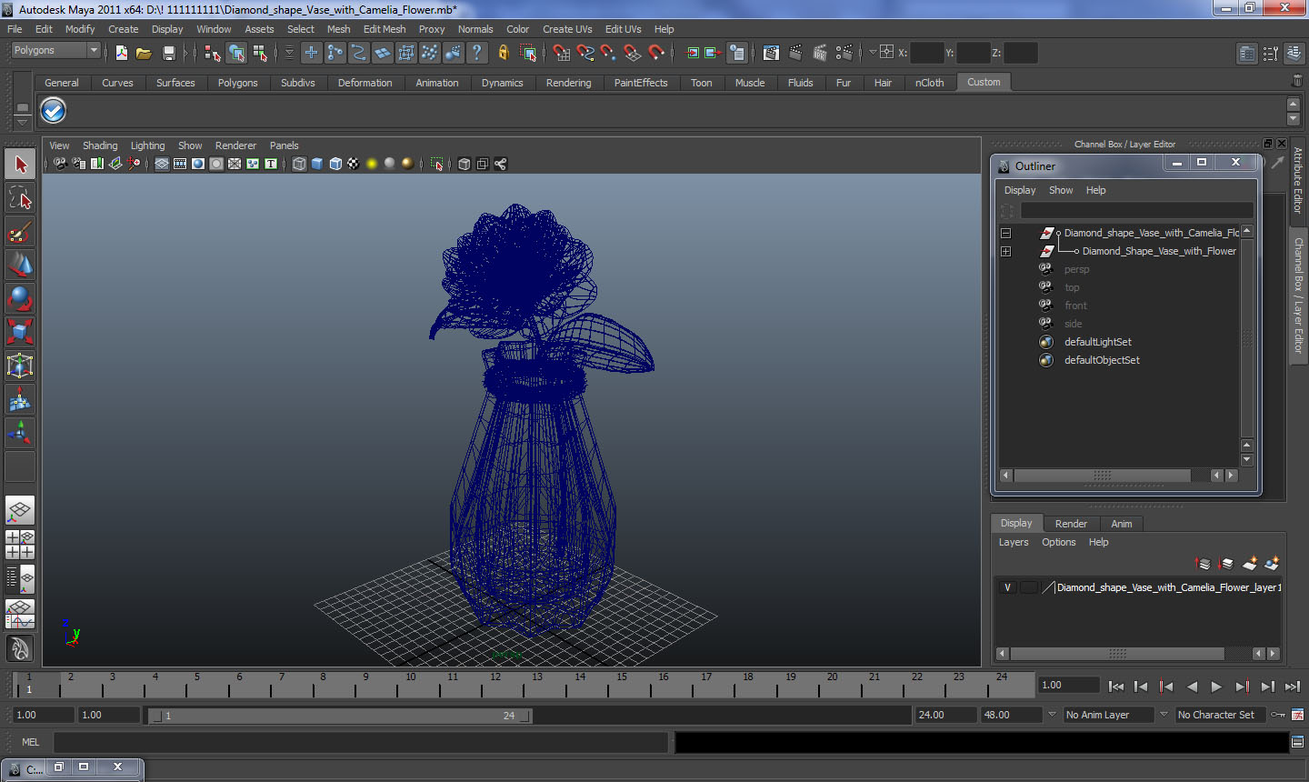 3D Diamond shape Vase with Camelia Flower model