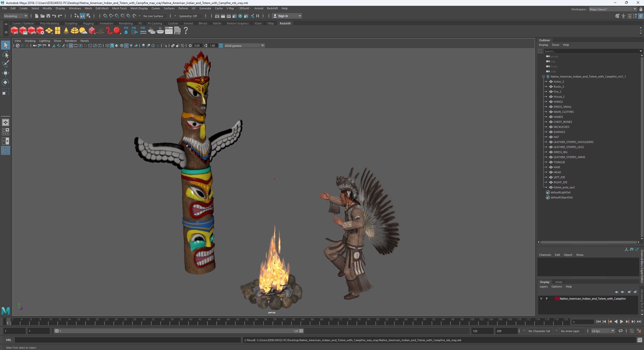 3D Native American Indian and Totem with Campfire