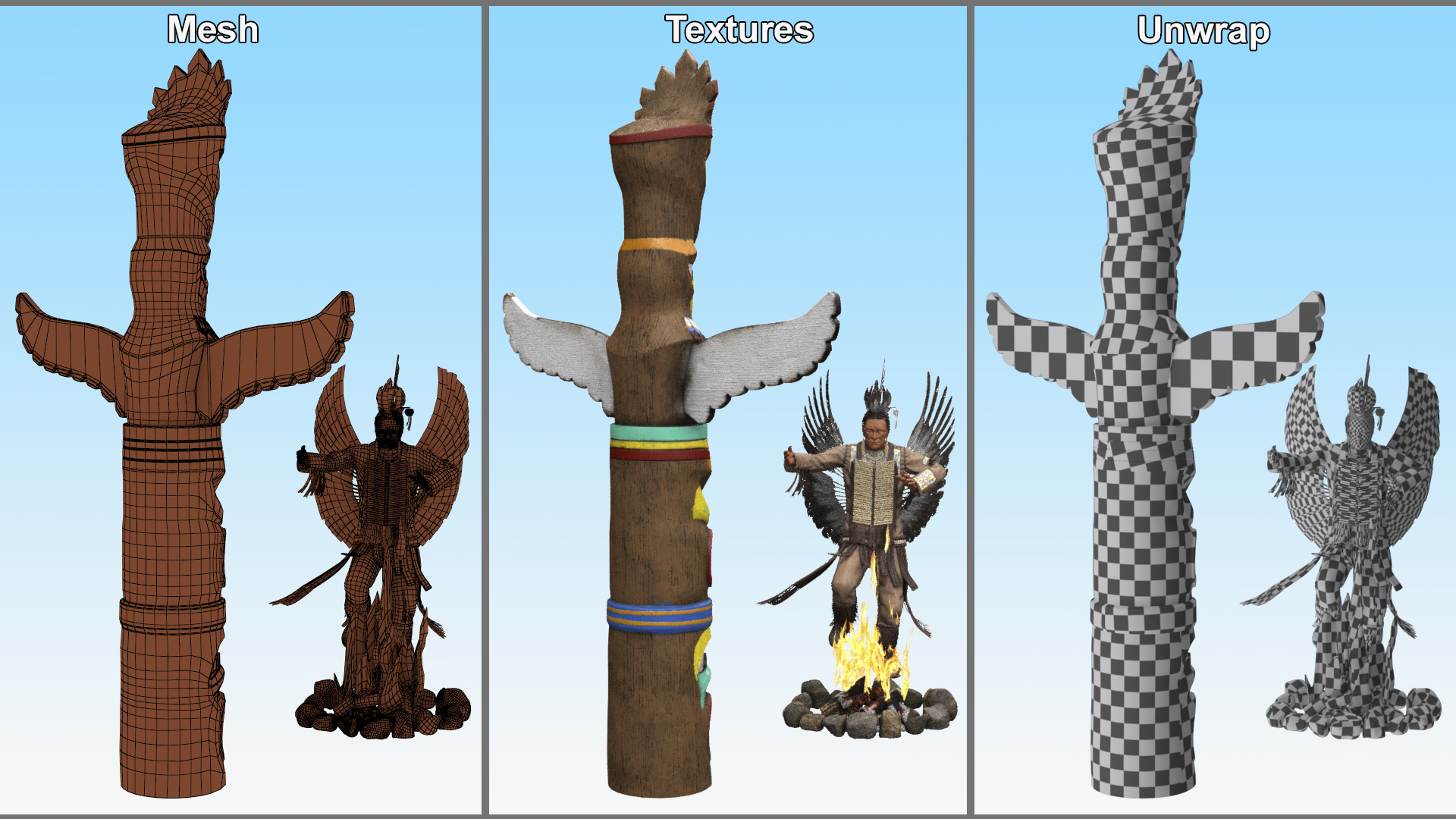 3D Native American Indian and Totem with Campfire