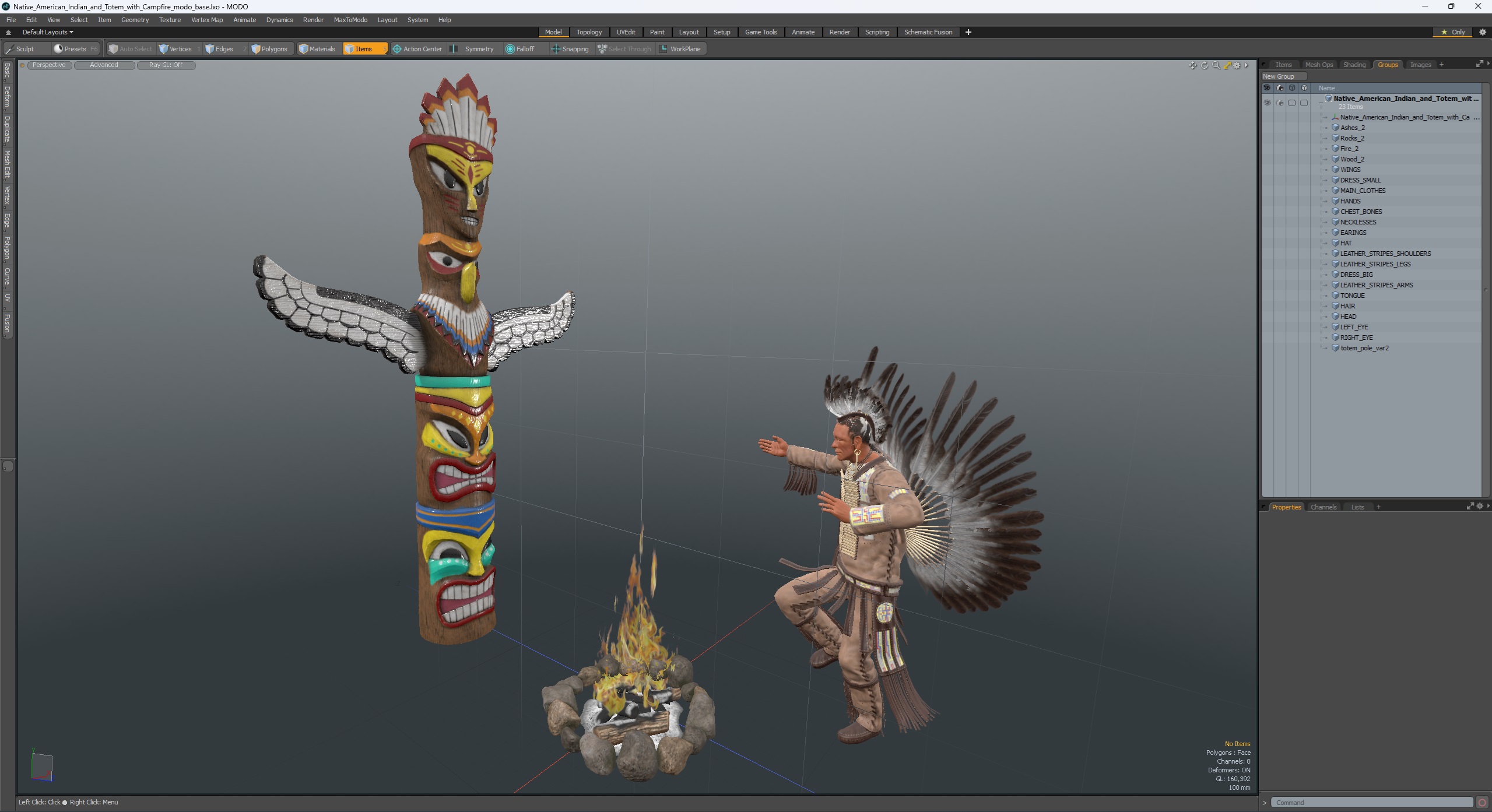 3D Native American Indian and Totem with Campfire