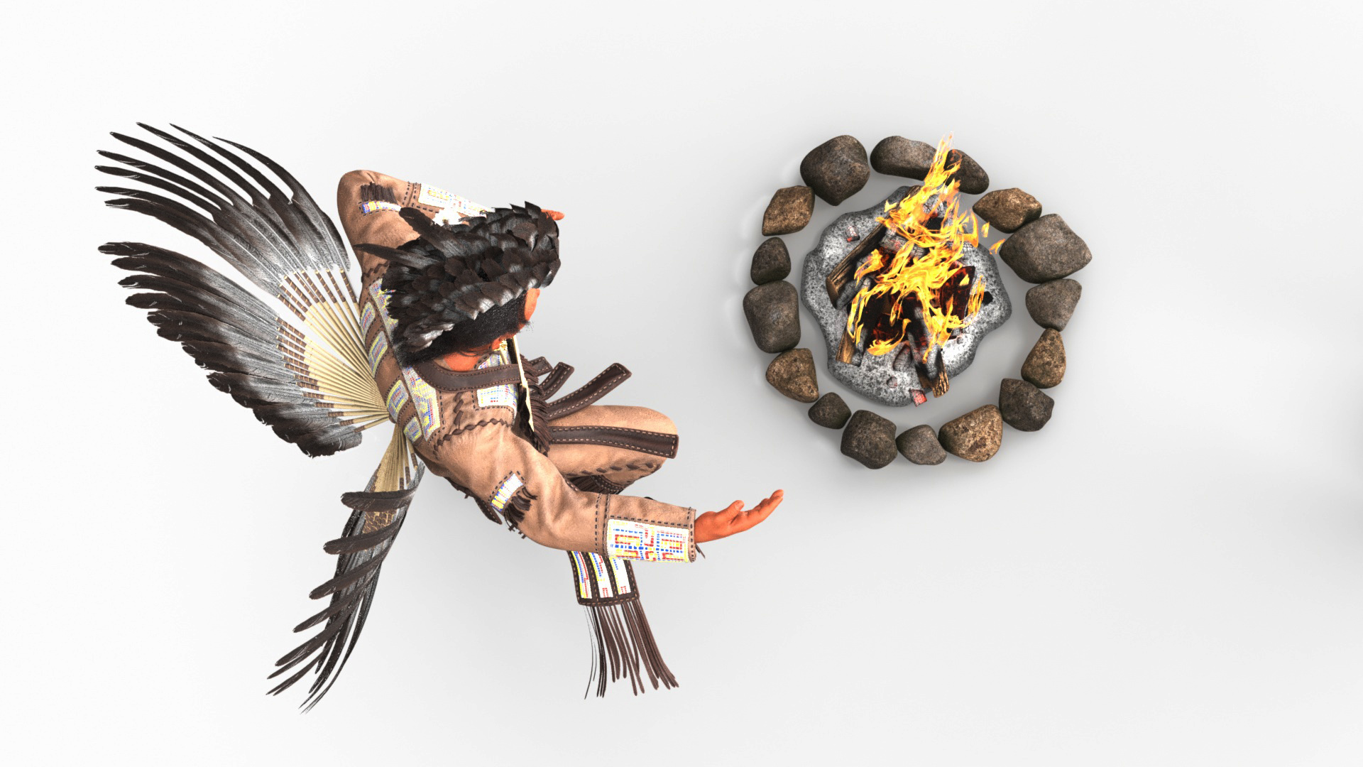 3D Native American Indian and Totem with Campfire